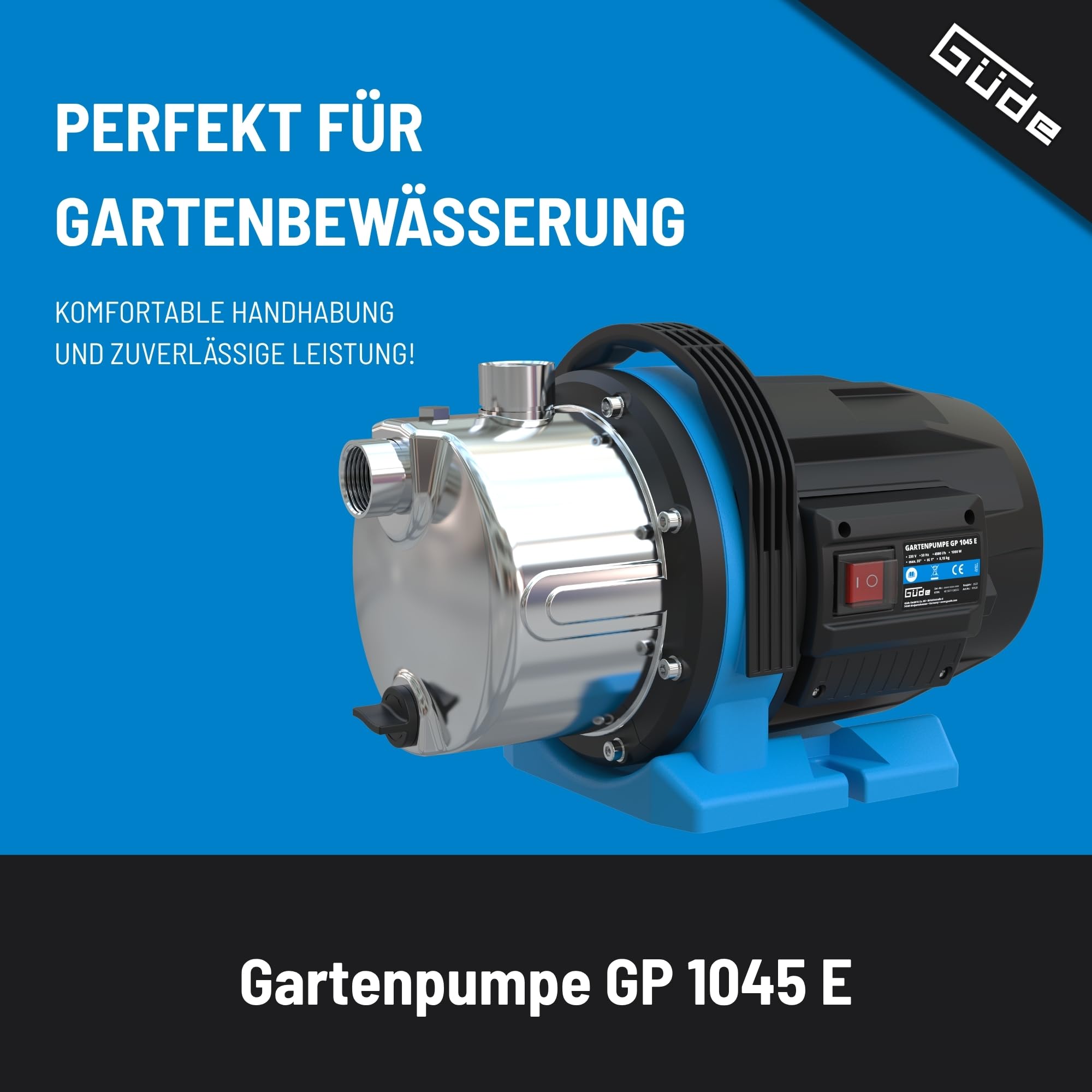 Güde Gartenpumpe GP 1045 E (1000 W, Fördervolumen: 4500 l/h, max. Förderhöhe: 45 m, max. Ansaughöhe: 8 m, Pumpengehäuse aus Edelstahl, Noryllaufrad, Thermoschutzschalter, ergonomischer Tragegriff)