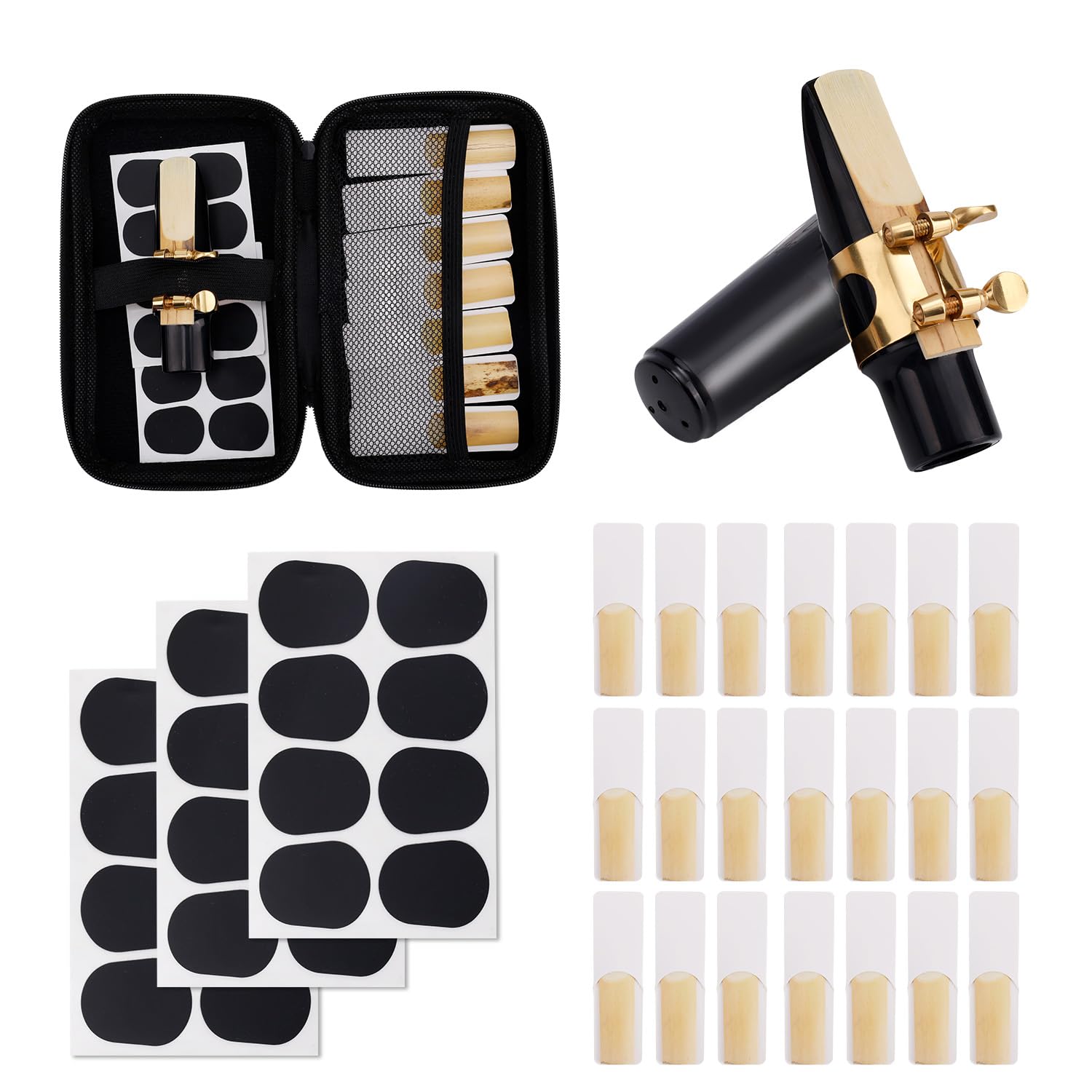 Ensemble de 49 Pièces de Rechange pour Saxophone Alto, Pièces et Accessoires Comprenant 1 Bec, 21 Anches Saxophone 2,5, 24 Coussinets Bec, 1 Housse en Plastique et 1 Étui Rangement en EVA.