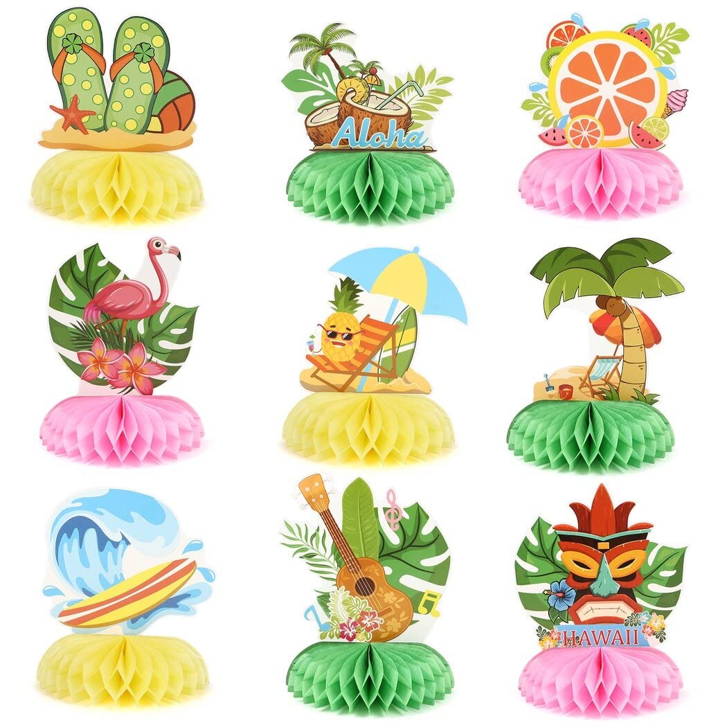 YHomU 9Pcs Hawaii Luau Honeycomb Centerpieces, Summer Tropical Party Table Toppers, Hawaii-Themed Party Supplies, Colorful Tabletop Ornaments, Photo Booth Props for Birthday Parties