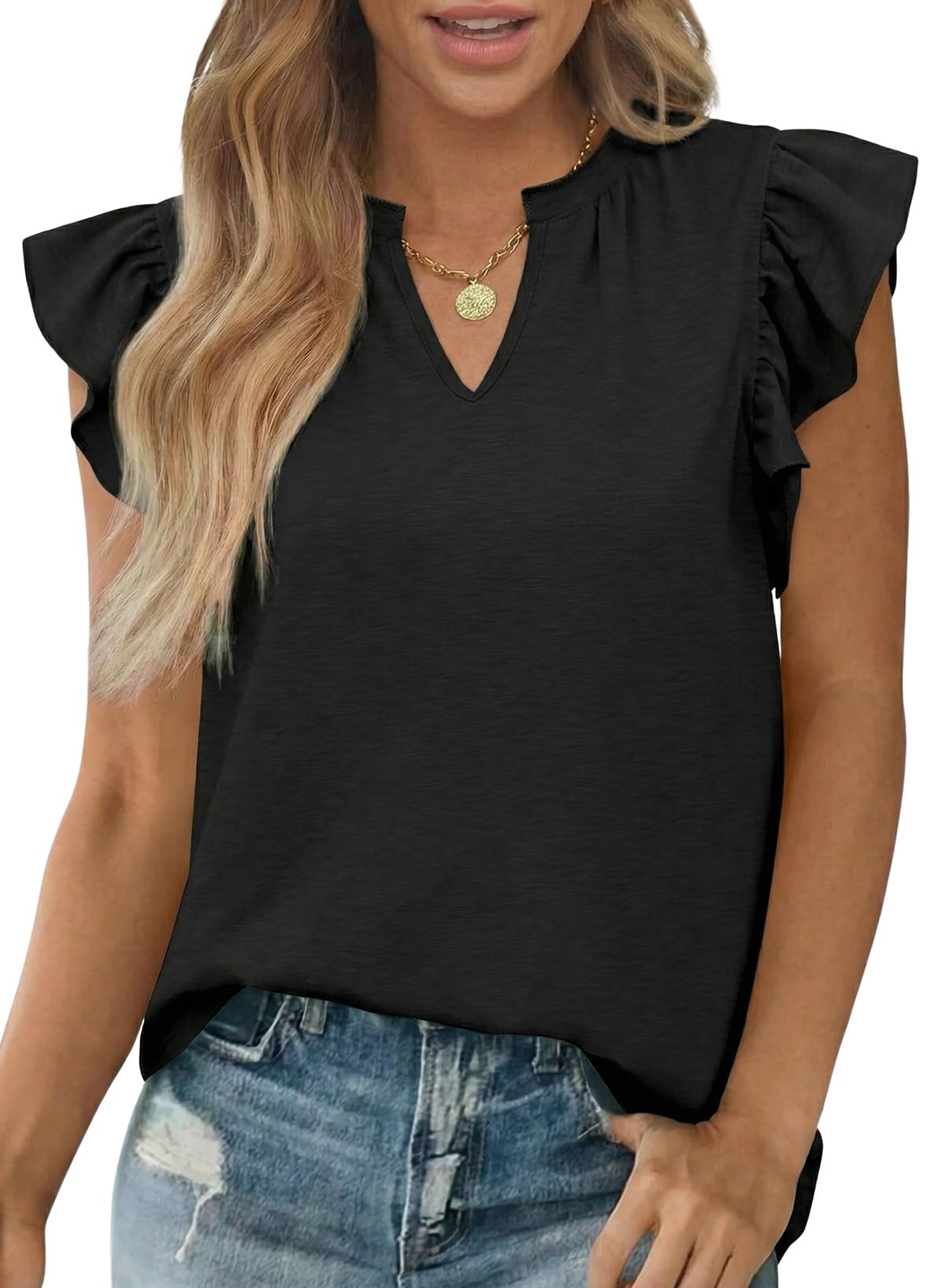 Dokotoo Women's Casual V Neck Ruffle Sleeve Summer Tank Tops Shirts