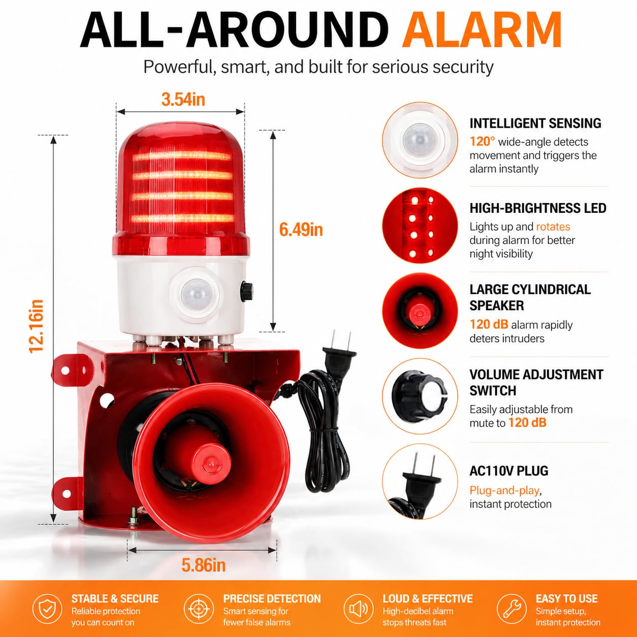 Alarma con sensor de movimiento con detección humana, sirena ajustable de 120 dB, luz estroboscópica LED para exteriores, alarma de seguridad para robo en el hogar, CA 110 V con enchufe, impermeable