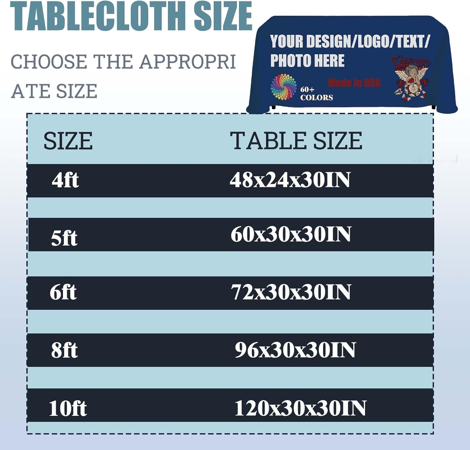 Premium Custom Table Cloth with Business Logo - Made in USA. 1-Day Production with 4-Side Printing, Thick polyester tablecloth Event & Business Display 4FT 5FT 6FT 8FT10FT (6FT Open Back 132"x69")
