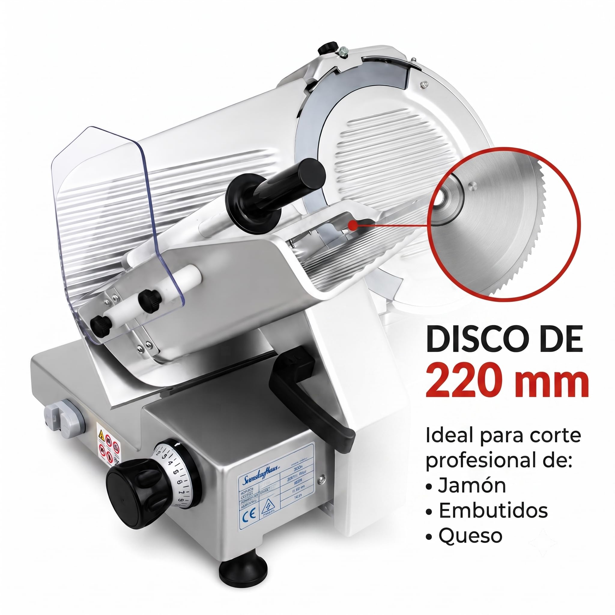 Cortadora de Fiambre Profesional SXE220 | Cortafiambres Eléctrico para Jamón y Embutidos | Cuchilla RASSPE 220 mm | Regulación 0-15 mm | Afilador Integrado | 240 W