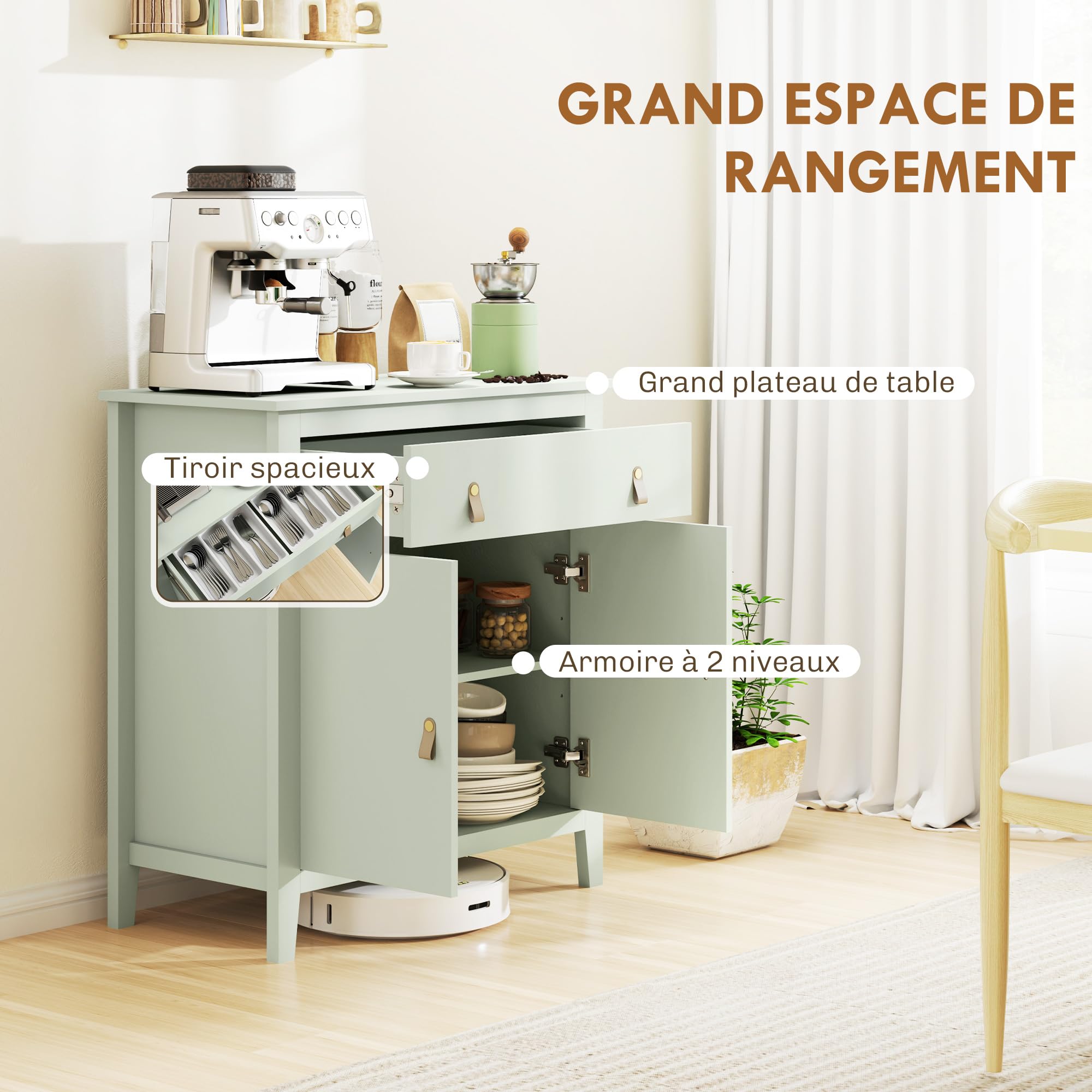 HOMCOM Buffet Salon avec Tiroir, Double Porte, 80 x 40 x 90 cm, Vert Clair