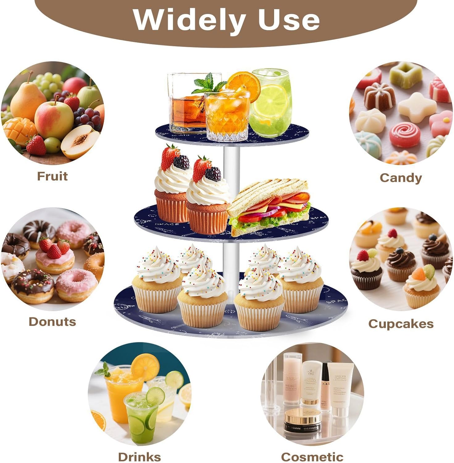 Planet Star Astronaut 3 Tier Acrylic Cupcake Stand, Cupcake Stand for 34 Cupcakes for Weddings, Christmas,Holidays,Parties,Birthday,Printed Cupcake Tower 23300108