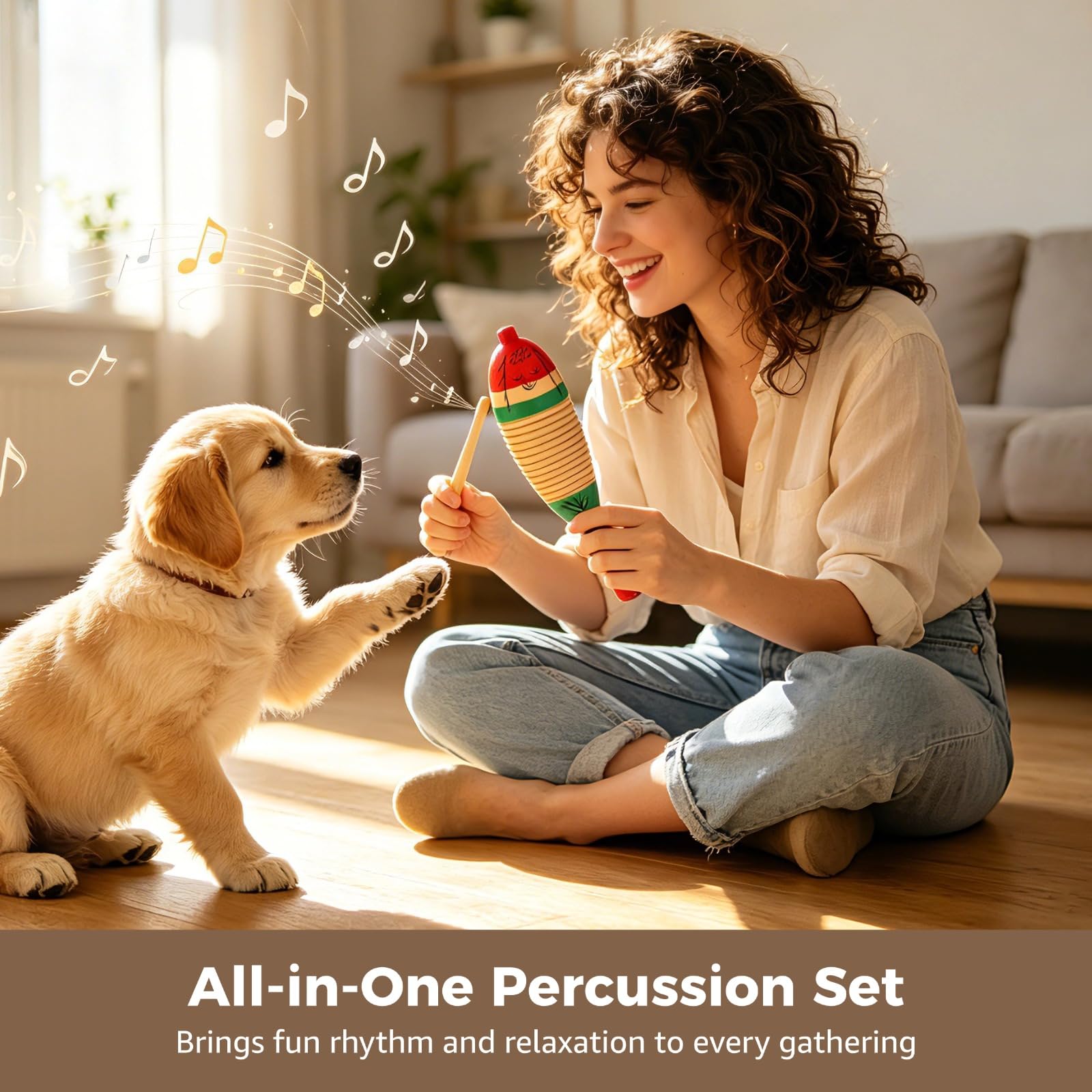 Juego de 7 instrumentos de percusión de madera y acero, con 2 guiros y mazas, 2 maracas, 2 cocteleras de huevo y 1 triángulo con mazo, instrumentos de ritmo para adultos y principiantes