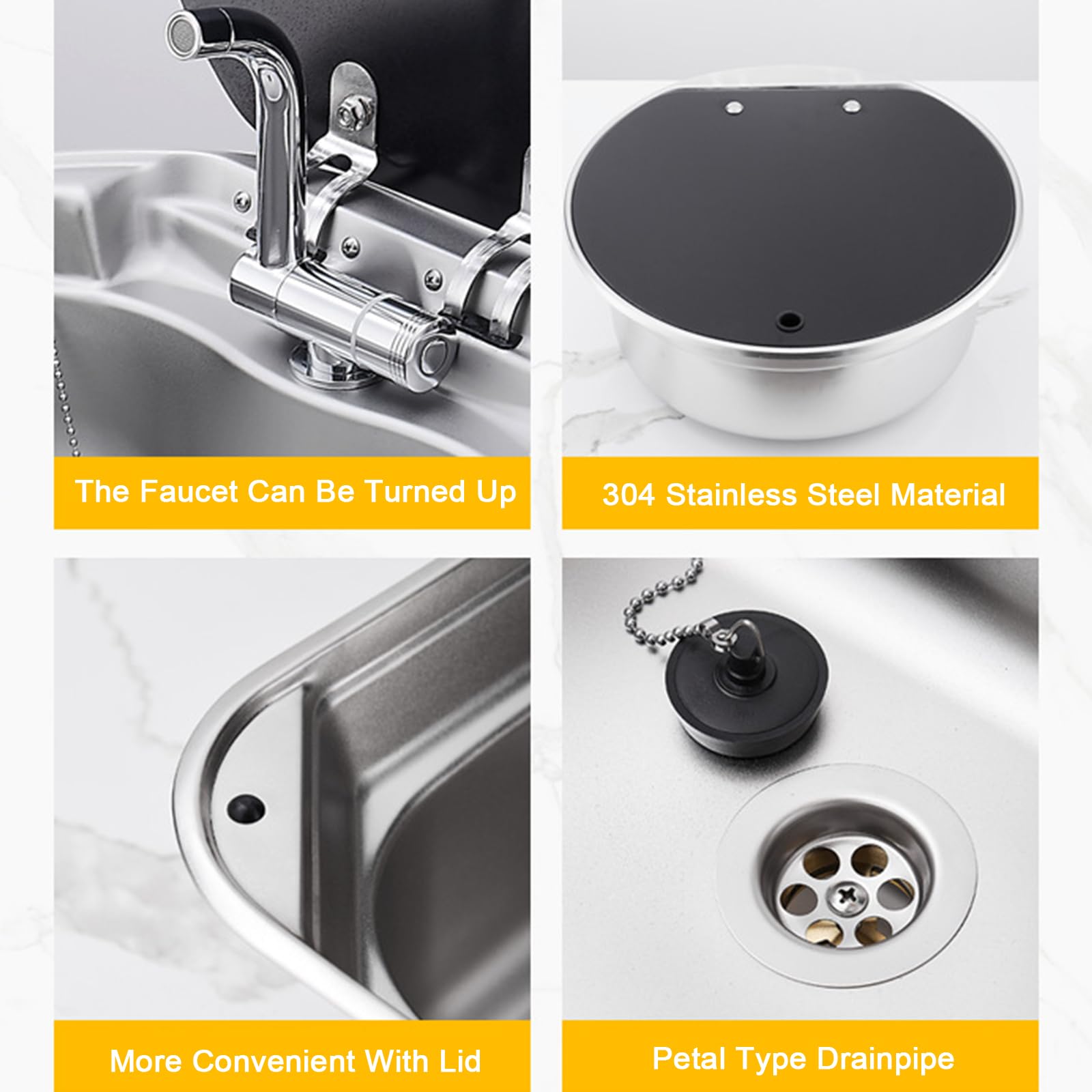 Edelstahl-Spülbecken für Wohnwagen und Wohnmobile mit Einzelbecken, klappbarer Armatur, Deckel aus gehärtetem Glas, Einbau-Handwaschbecken für Küchentheke, Outdoor-Wohnmobil, Anhän