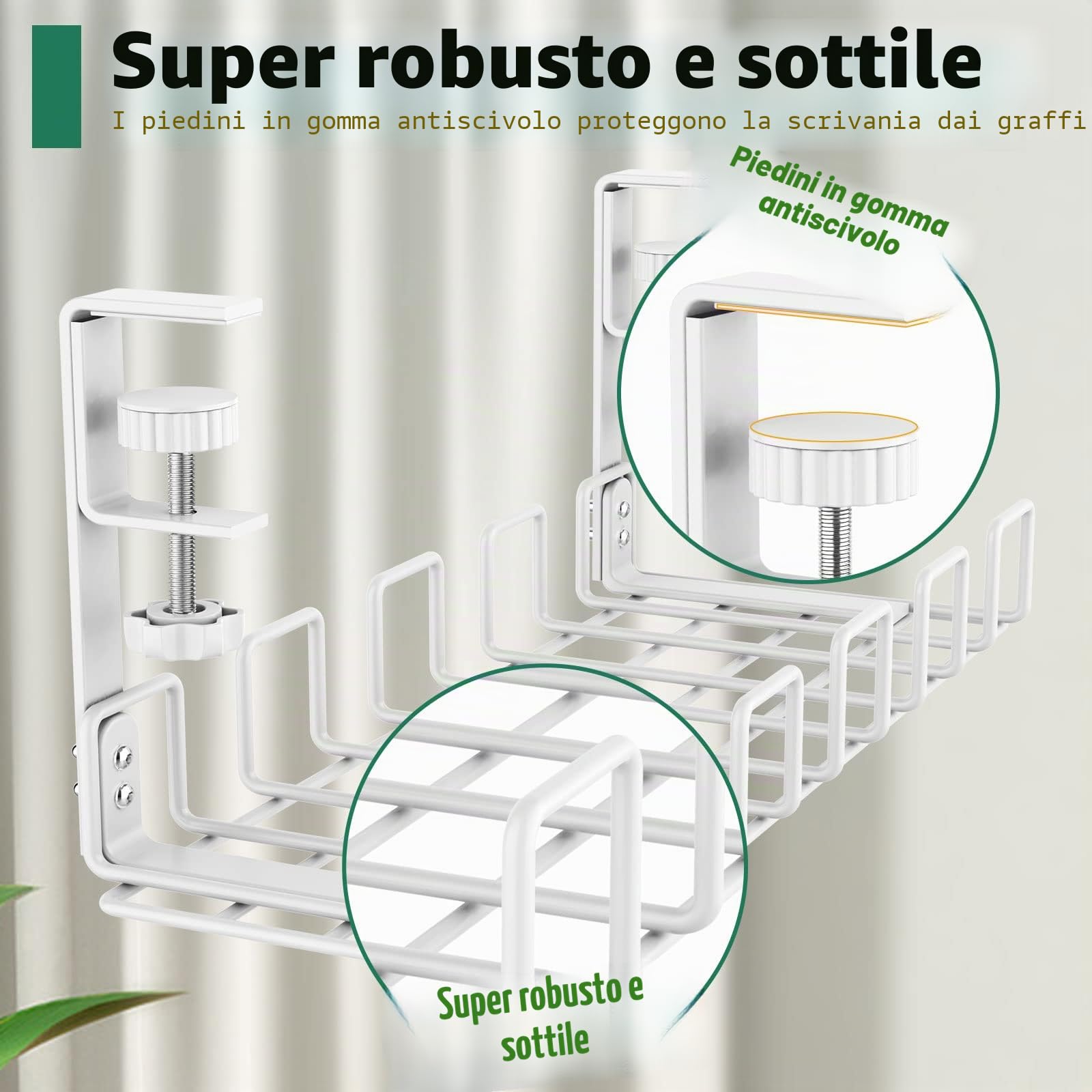 REFLYING Nessuna Perforazione Vassoio di Gestione dei Cavi sotto la Scrivania, passerella portacavi per scrivania, Robusto vassoio di Gestione del Filo Metallico per Ciabatte, Bianco, 1 Confezione