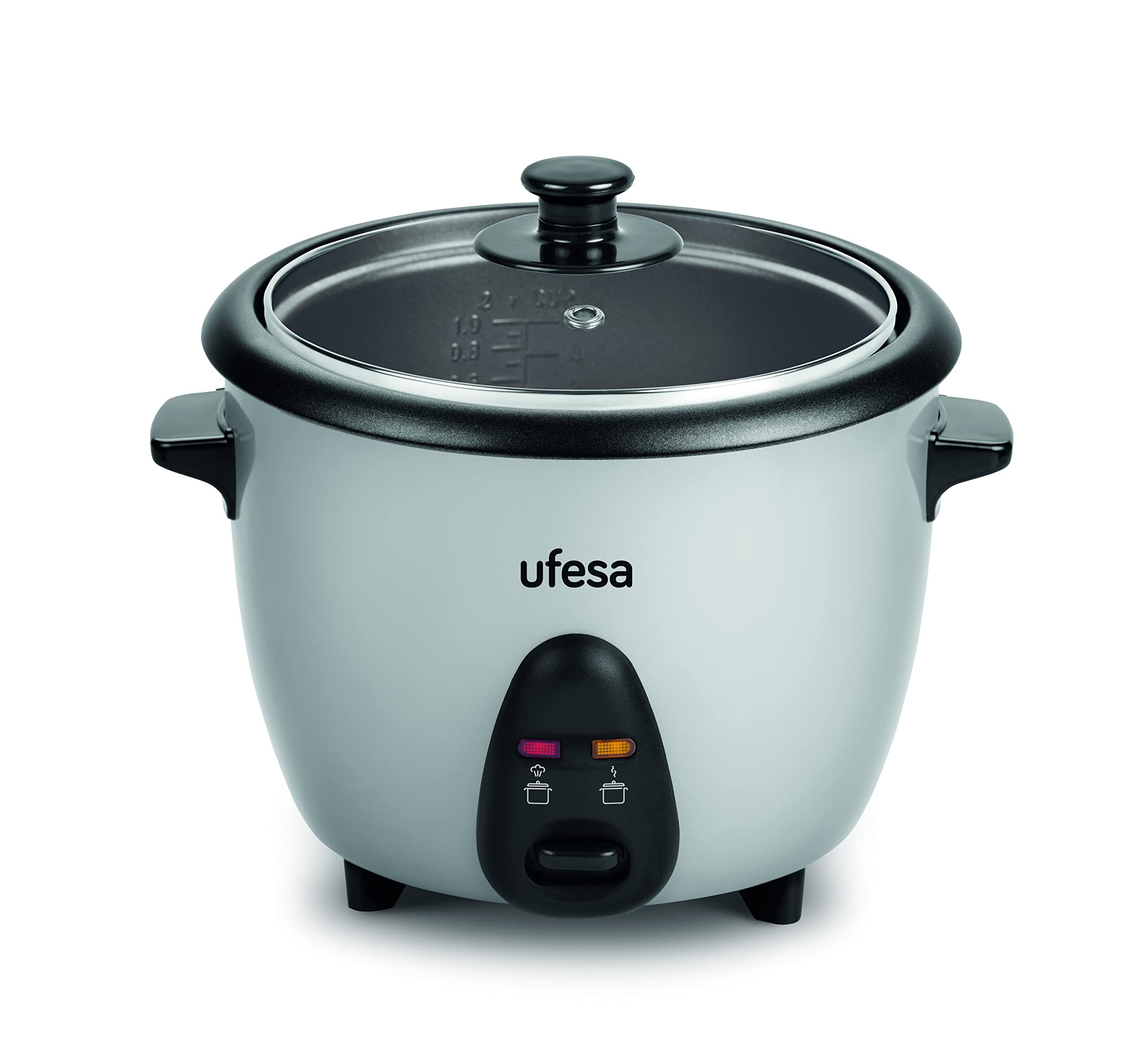 Ufesa AR4010 Jasmin Arrocera, 1L, 400W, Tapa de Cristal, Cubeta Antiadherente Extraíble, Vaso Medidor y Cuchara Incluidas, Función Mantener Caliente, Color Acero