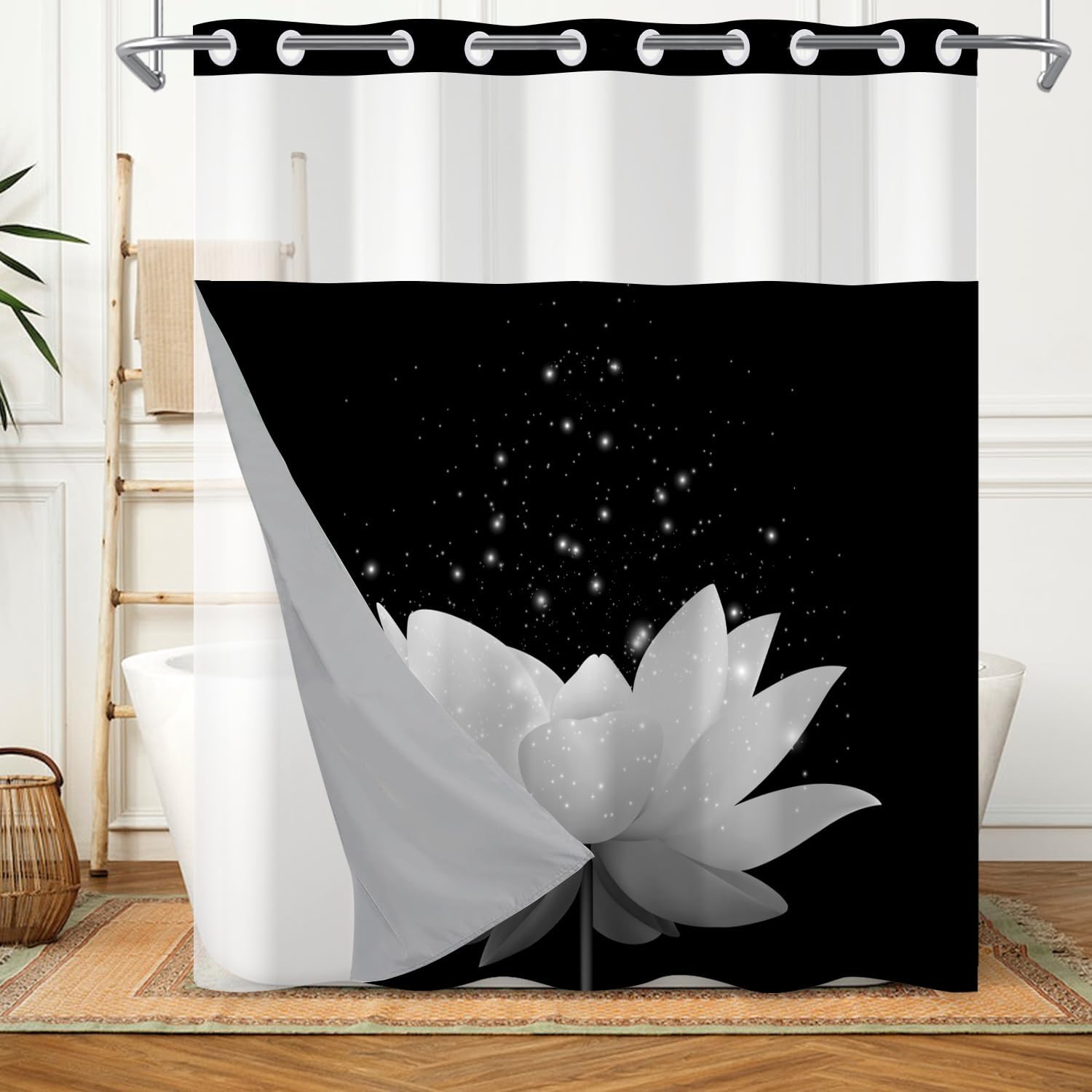 Leowefowa Lotus Hook-Free Shower Curtain with Snap in Liner, Gray and White Floral Modern Zen Double Layer Shower Curtain and Liner Set, Ringless with Window Waterproof Cloth Fabric, 71" W X 74" L