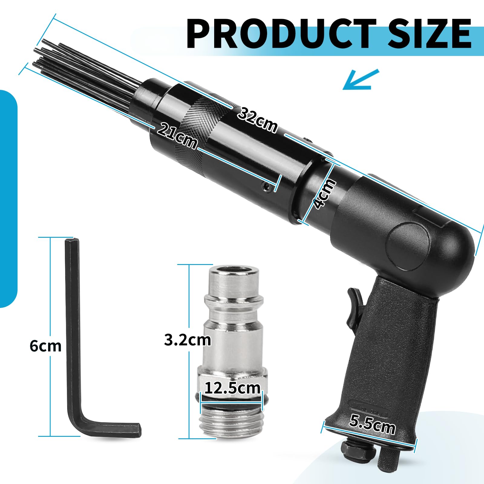 SWAWIS Limpiador de Óxido con Agujas Aire Comprimido 3000 rev/min con 19 Agujas Ø 3mm Herramienta de Desoxidación con Cubierta del Mango Negro