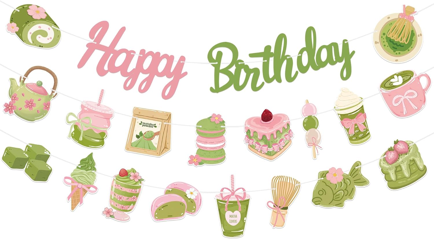 TOUROAM Matcha Birthday Decorations, Pink Green Matcha Birthday Party Banner Garland for Dessert Decoration
