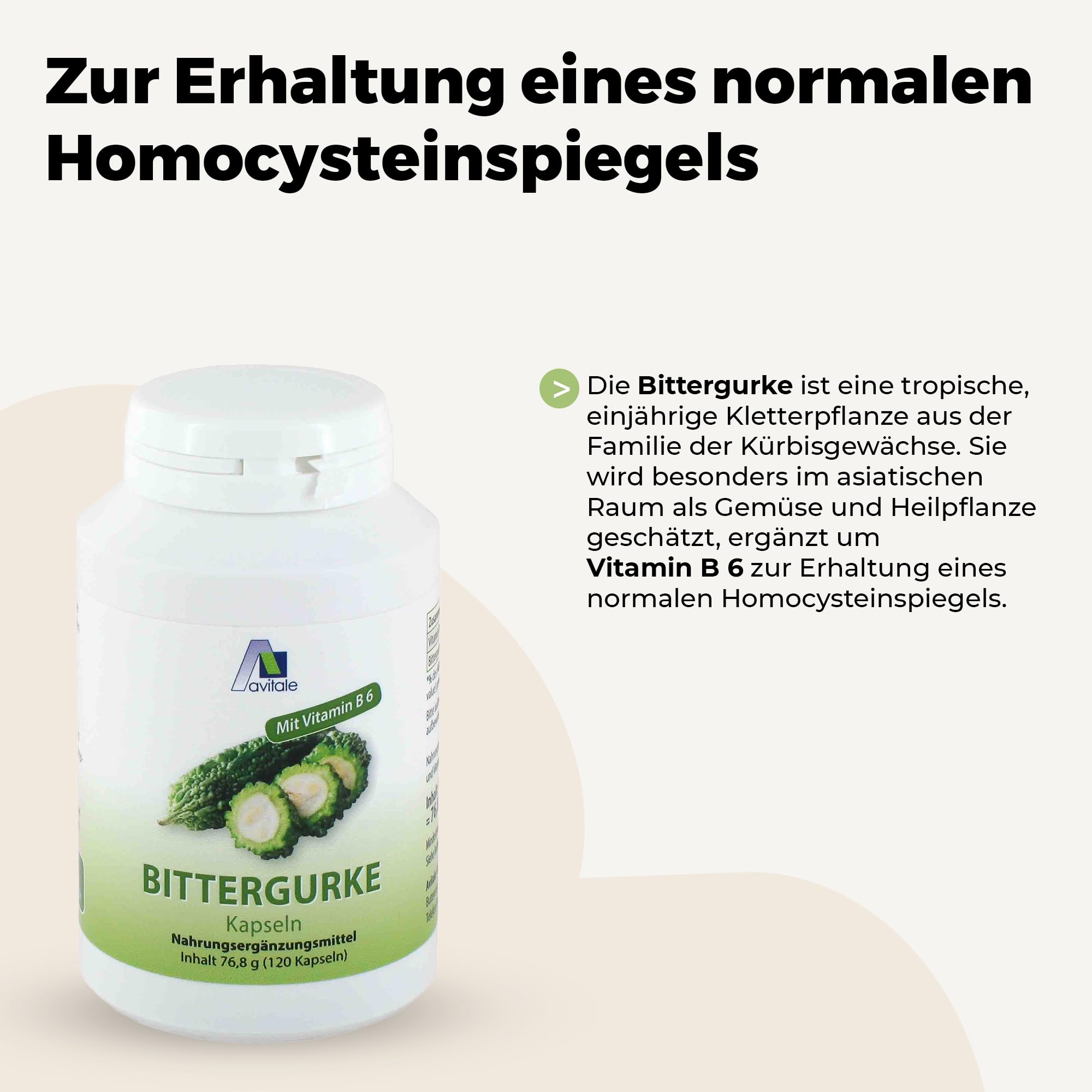 Avitale Bittergurke Kapseln mit standardisiertem Frucht-Extrakt der Bittergurke (Momordica Charantia) u. Vitamin B6 für einen normalen Homocysteinspiegel, 120 Kapseln