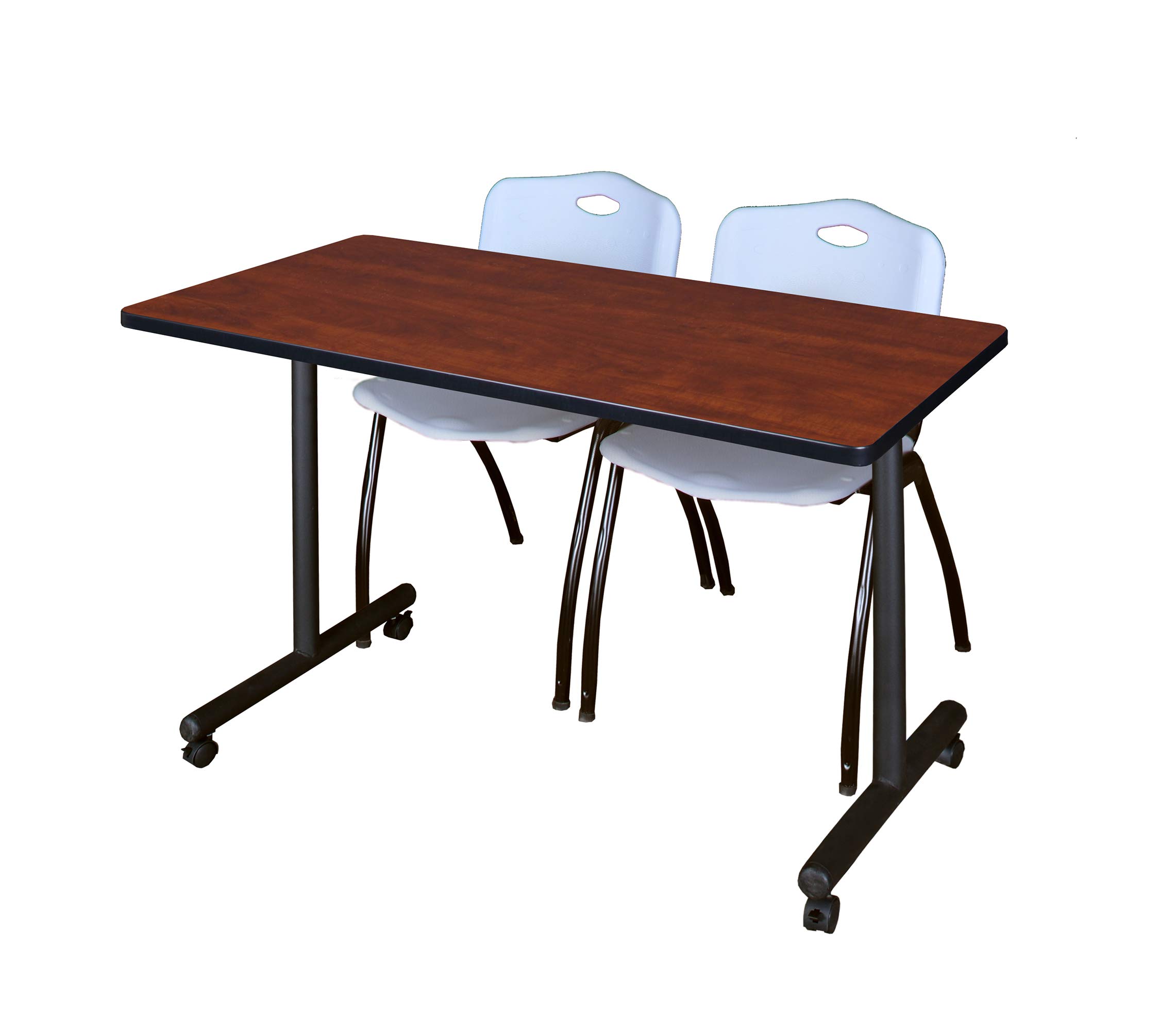 Romig Axis-Pro 48 x 24 in. Mobile T-Base Training Table- Cherry, 2 M Stack Chairs- Grey