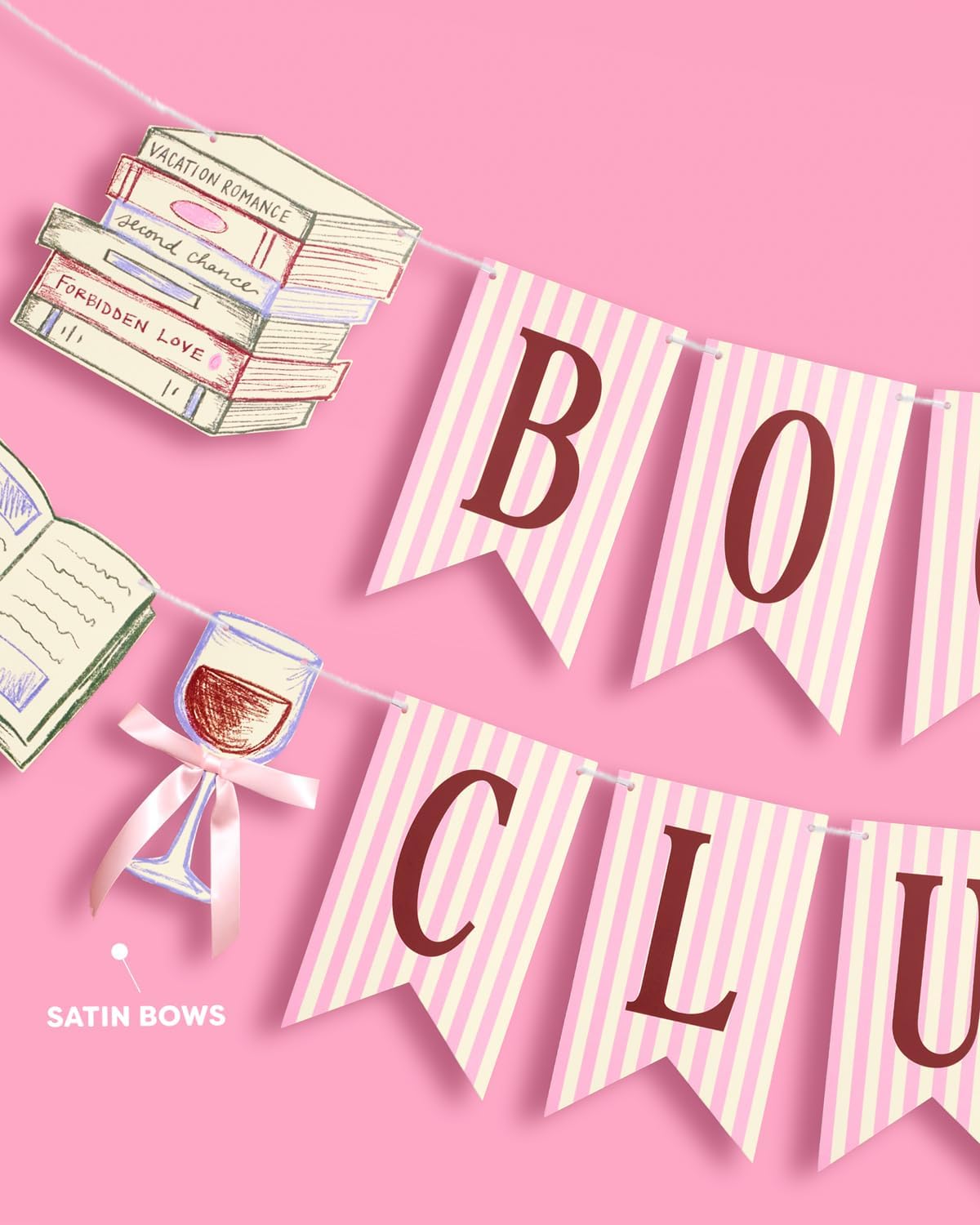 xo, Fetti Book Club Banner | Girls Night Decor, Book Lover Party, Wine Night Decorations, Pink, Literary Party Supplies, Book Party, Girly image 2