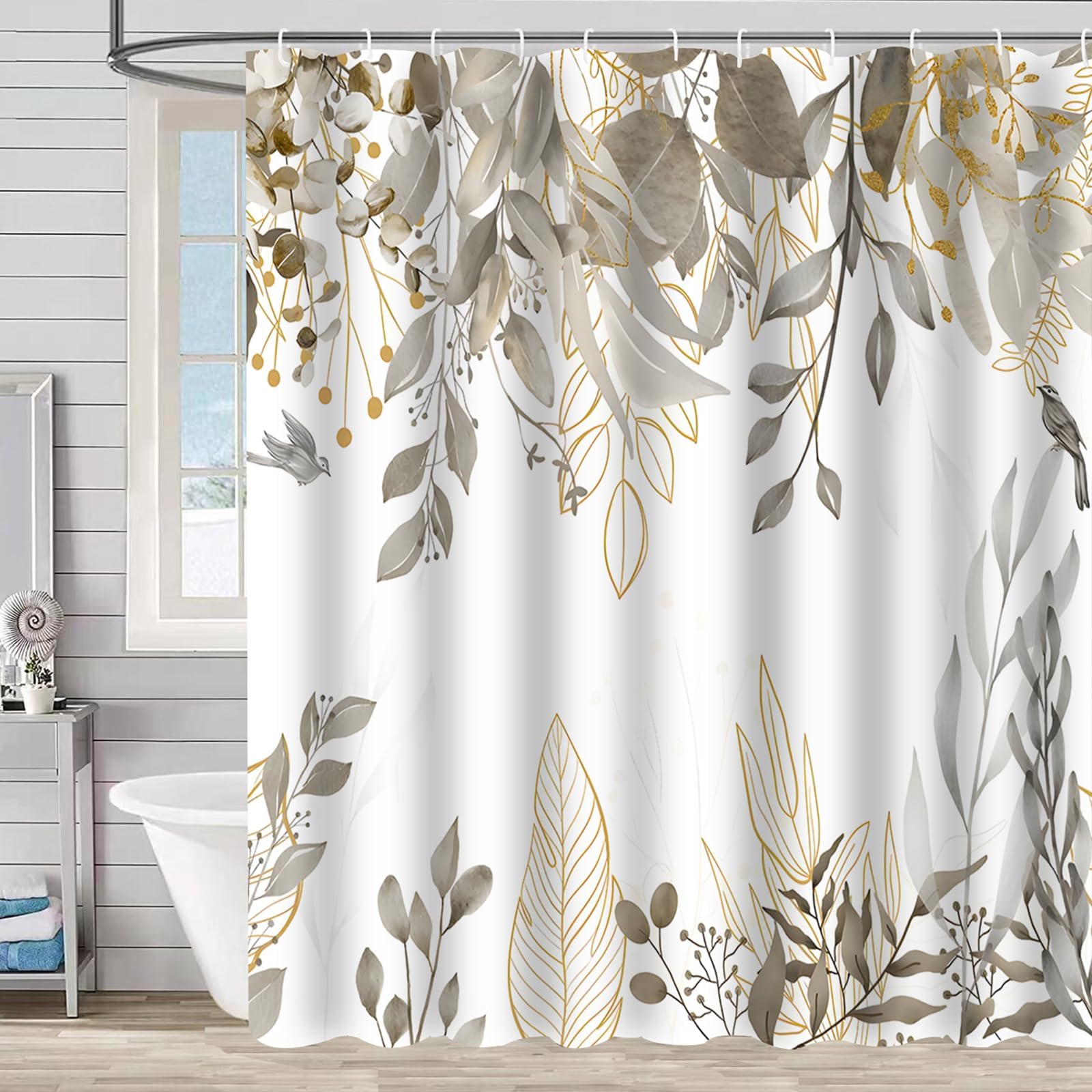 Uiyiui Multicolor-1 Grey Tan Eucalyptus Leaves Shower Curtain 33X83in/85X210cm/Wxh Watercolor Plant Leaves Printed Bathroom Curtain, Waterproof Polyester Fabric With Hooks For Shower Stall Bathtubs