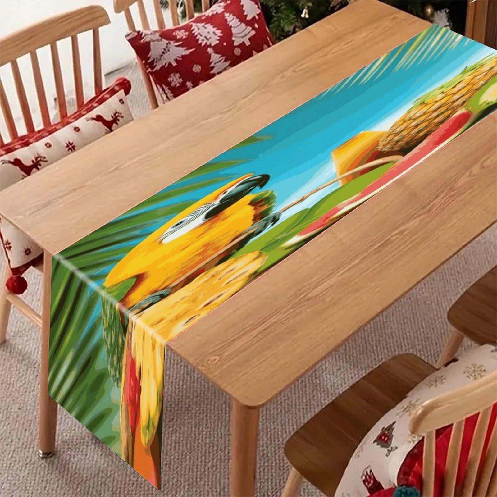 Adfgyerh Style Summer Parrot Pineapple Birds Table Runner，Pure Linen Chambray ,Boho Table Runner，Heavy Duty Washable Fabric Decorations ，For Party Kitchen Dining Table Coffee Holiday Party Decor (12X70.87 Inches)