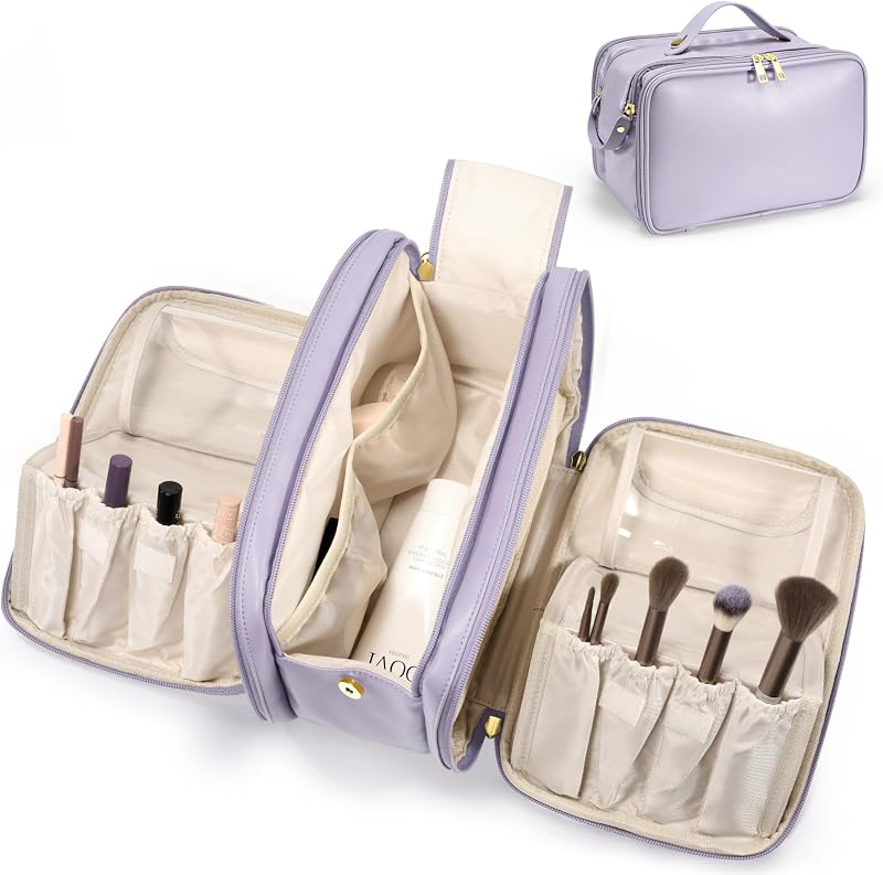 Necessaire de maquiagem para viagem HauteHues roxa com grande abertura, divisórias e porta-pincéis