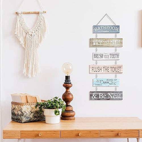 Miniatura 6 de Letreros de reglas de baño, decoración de pared de baño, 6 piezas de decoración de pared de madera de 24 x 11 pulgadas, decoración colgante de