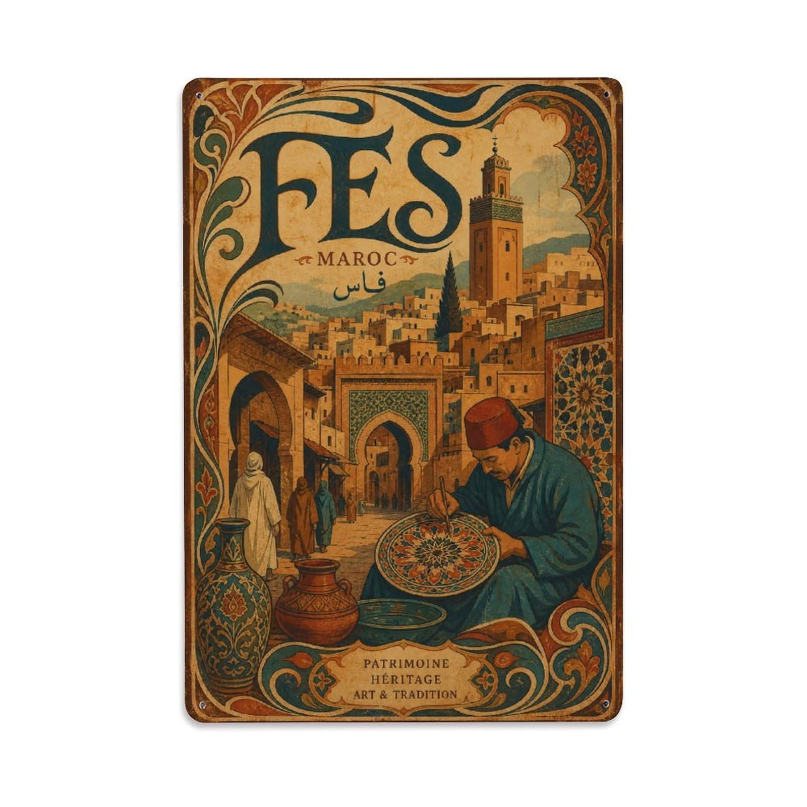 Gead 8X12inch Style Vintage Travel Morocco Fes Metal Tin Sign