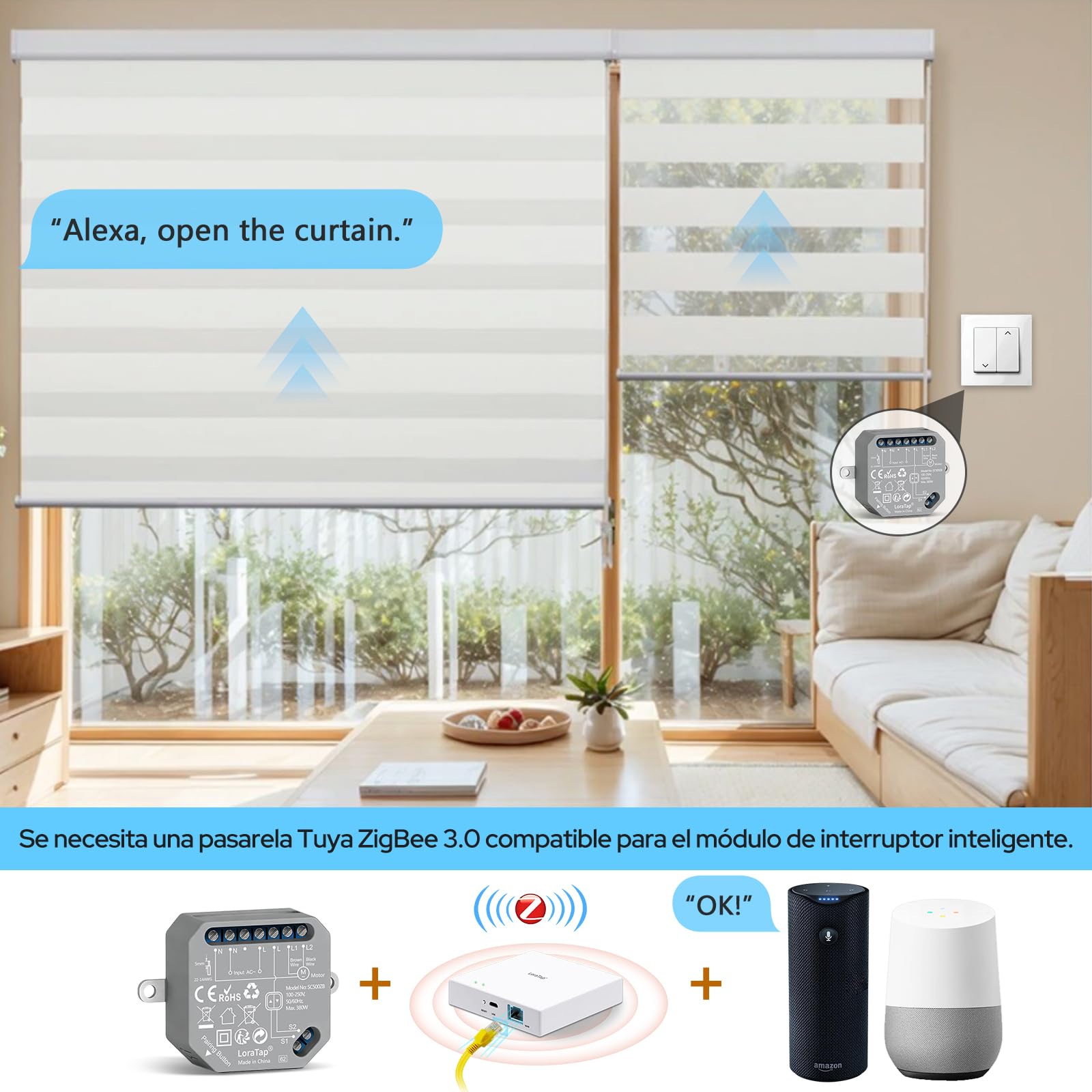 LoraTap Interruptor ZigBee de 4 unidades para persianas - Control de hogar inteligente para persianas y cortinas de 380W, compatible con Alexa, requiere hub
