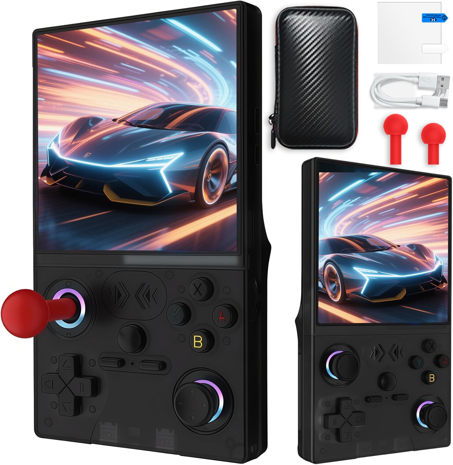 XF40V tragbare Spielkonsole, 4 Zoll IPS-Bildschirm mit 128GB und 22.000 Spielen, 4000 mAh Akku, Linux-System, 2 * Abnehmbarer Joystick und Speichertasche (Schwarz，128G)