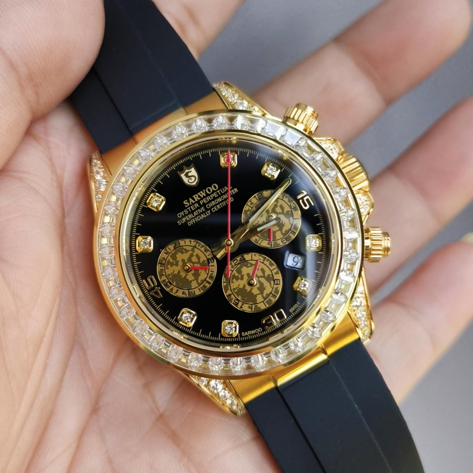 Sarwo Luksusowe mechaniczne zegarki męskie z chronografem, pozłacane, automatyczny wielofunkcyjny zegarek sportowy