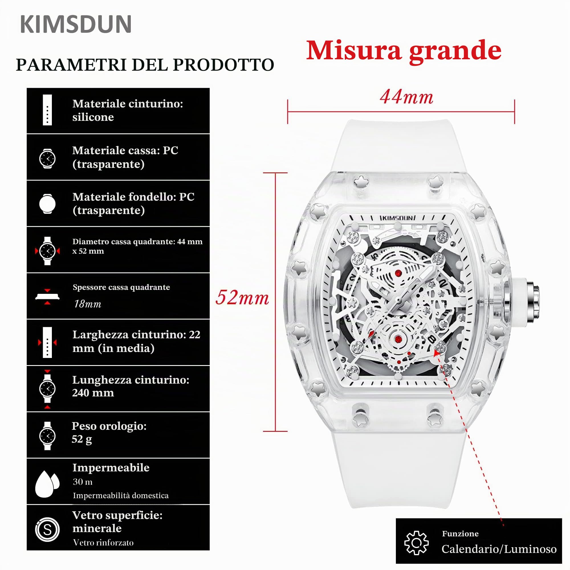 Elegante orologio sportivo con scheletro, impermeabile, analogico al quarzo, con data, calendario, cassa tonneau trasparente, cinturino in silicone per uomo unisex
