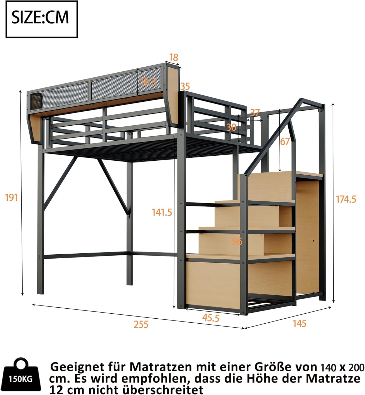 Detailed dimensions of the Merax Metal Loft Bed in centimeters, showing height, length, and width, along with a 150kg weight capacity icon and mattress size recommendation.