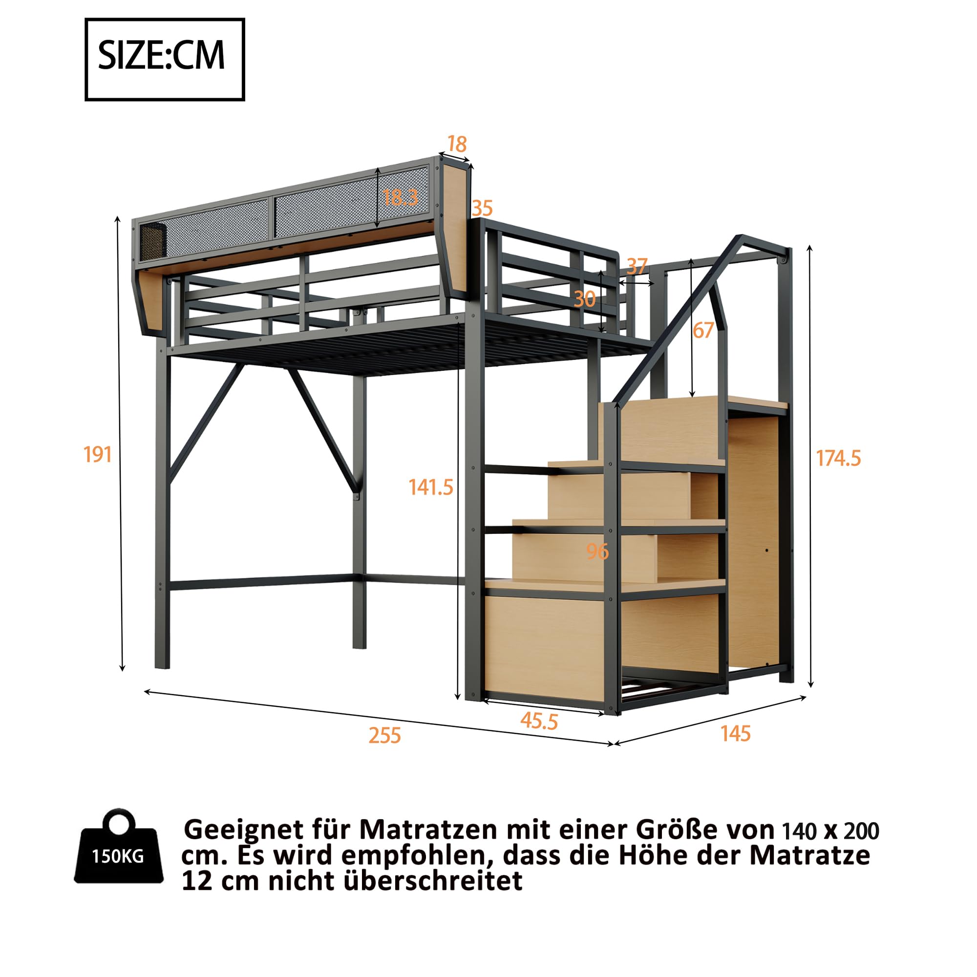 Merax Hochbett 140 x 200 cm aus Metall, mit sicherer Leiter, herausnehmbarem Aufbewahrungsregal, Hochbett für Erwachsene/Kinder, Schwarz (ohne Matratze)