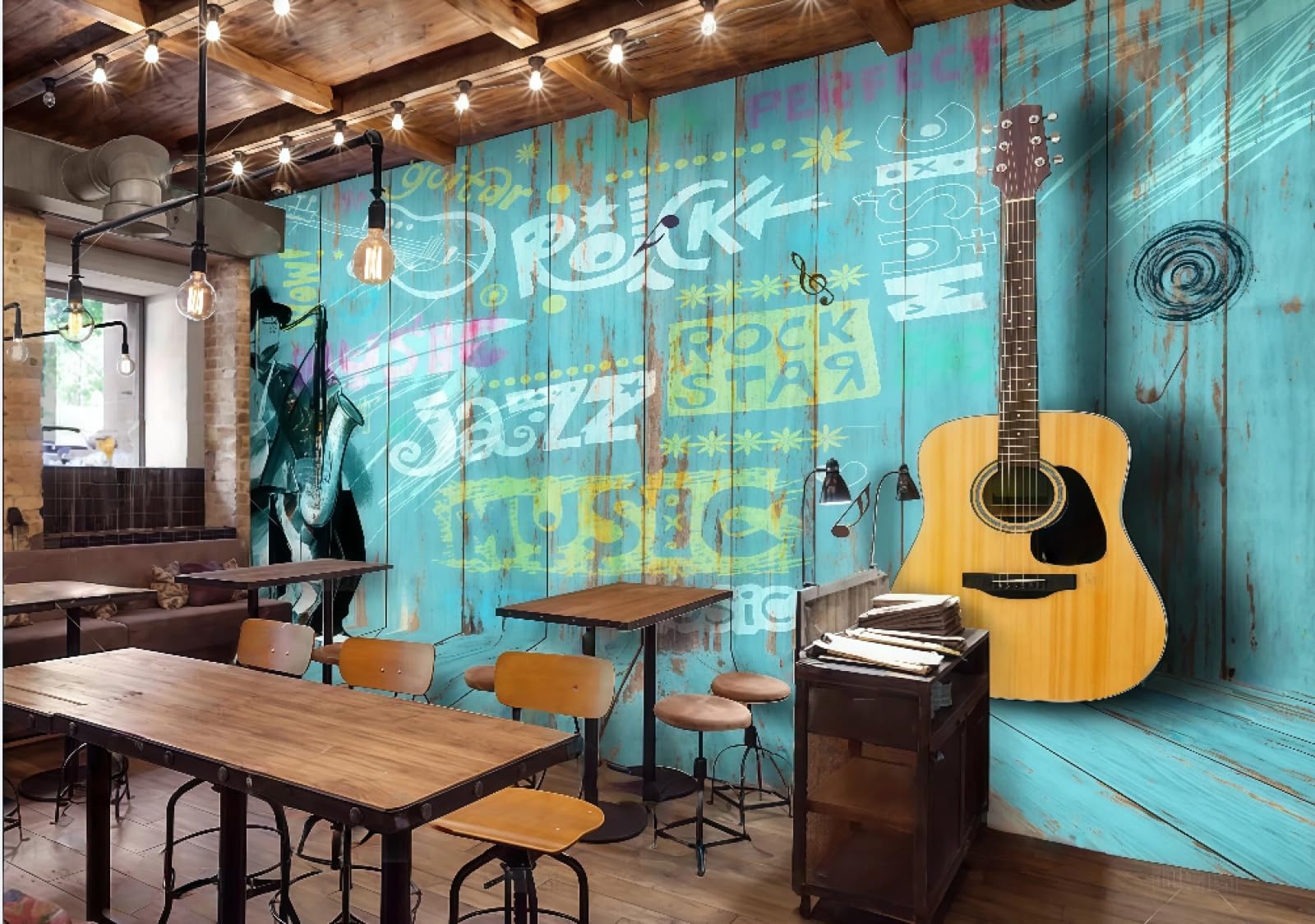 Rskjdghshd 3D Wallpaper Creative Blue Wooden Board Graffiti Music Text Guitar Personality Bar Western Restaurant Background Wall Mural Afternoon Tea Coffee Shop Wallpaper,,200X140cm