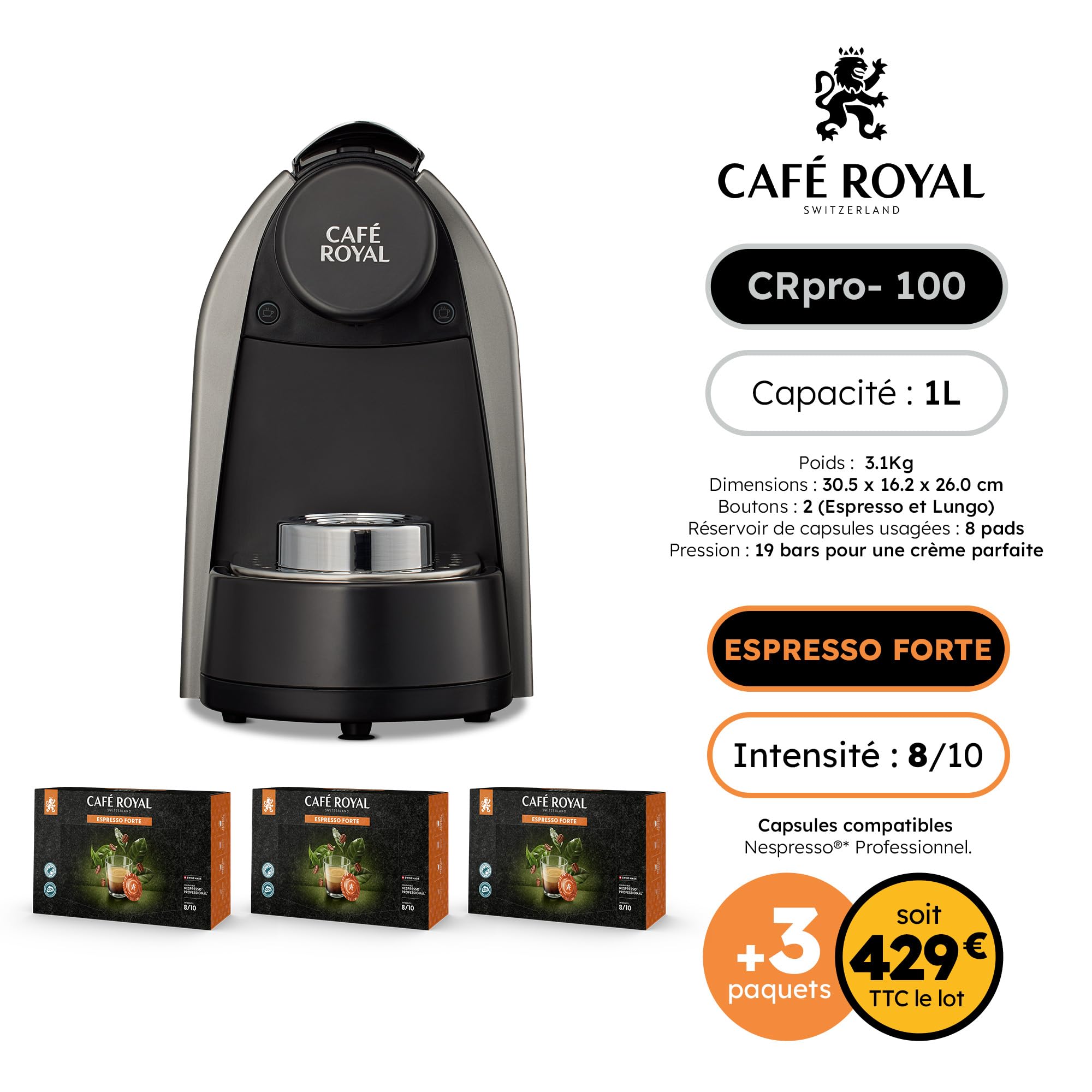 Machine à Café CRpro 100 compatible avec les Capsules de café Nespresso®* Professional + 3 Boites Espresso Forte soit 150 Dosettes Pro