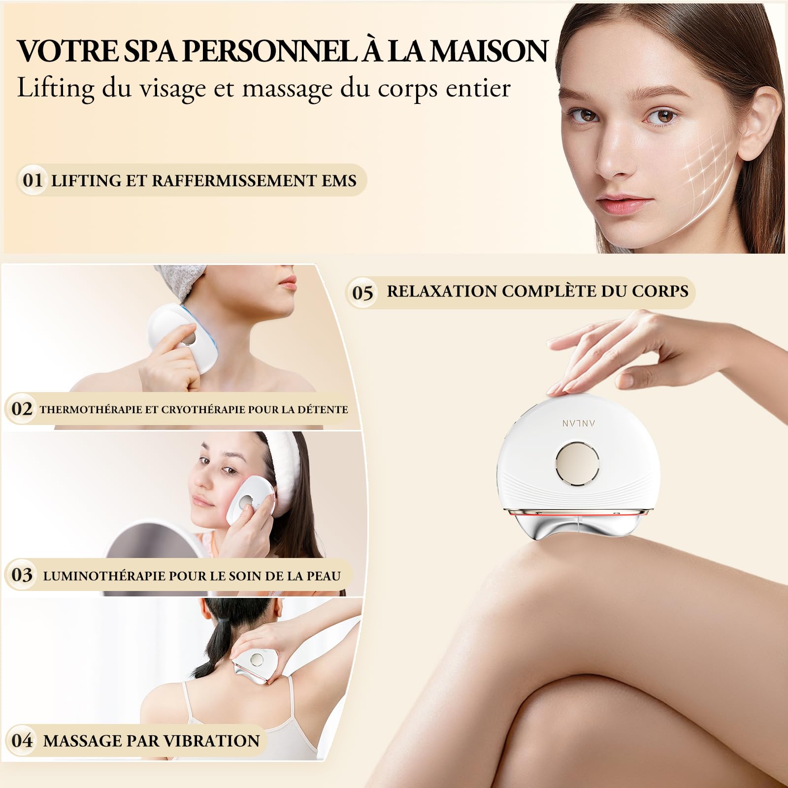 ANLAN Gua Sha Visage Électrique Appareil Massage, Appareil Anti Rides Visage, Chaud et Froid Modes, 3 Colore Appareil de Beauté, Massage Visage Pour Lifting Visage et Cou Double Menton Appareil
