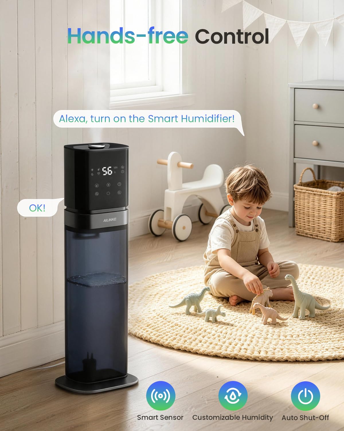 Humidificador Inteligente para Habitación Grande, 2.1 Gal/8 L, con Tubo Extendido y Luz Nocturna, Humidificador de Niebla Fría para Toda la Casa de 1000 Pies²
