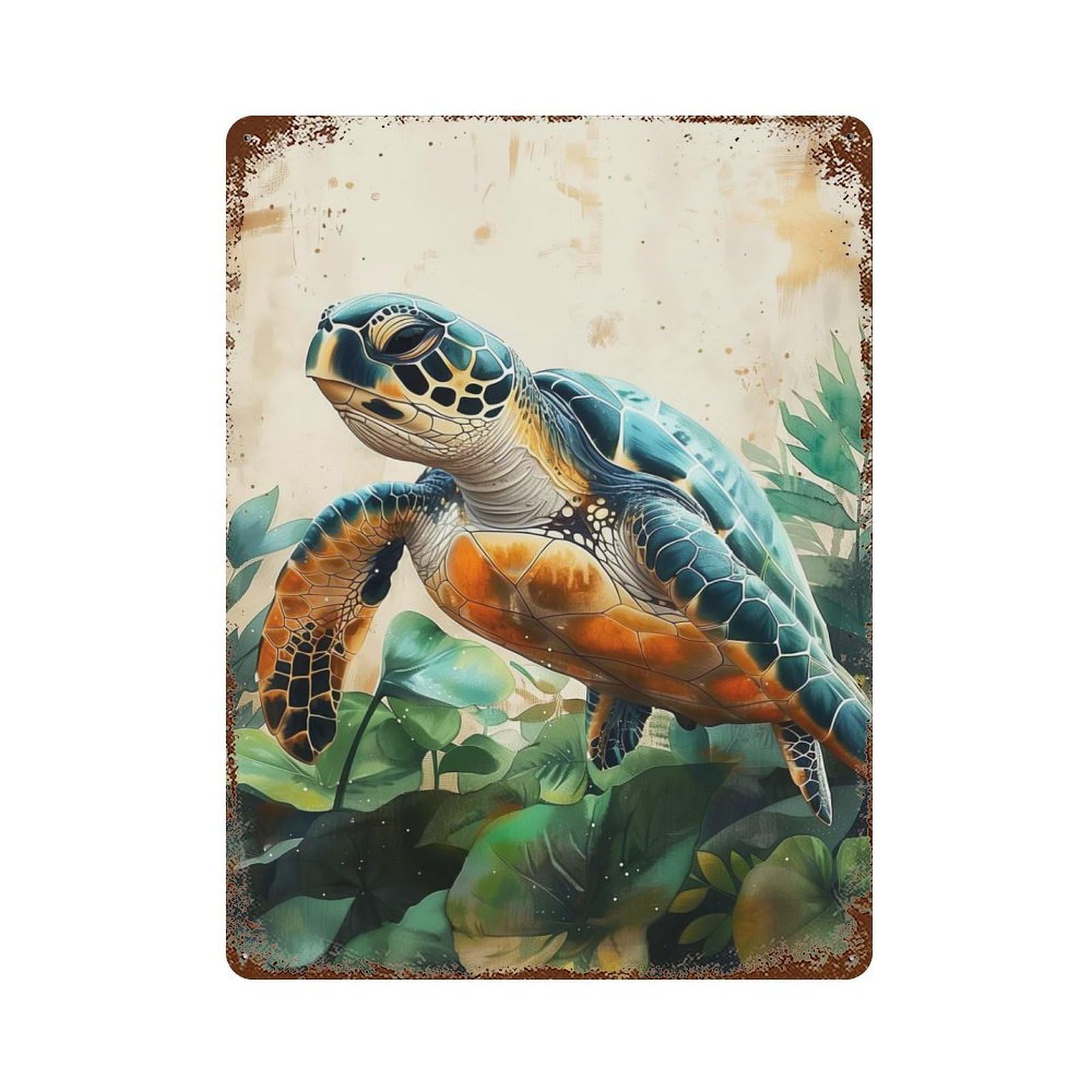Aged Metal Wall Plaque with Sea Turtle in Lush Foliage Design 15.7"x11.8", for Basement, Hobby Room And Garage Decor, Farmhouse Wall Decor
