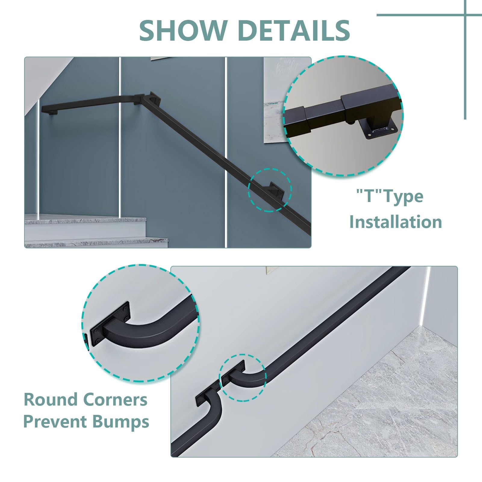 Ringhiera per corrimano per Scale, Ringhiera Antiscivolo per Tubo in Ferro Battuto Nero Montato a Parete per Cortili per Scale Interne ed Esterne, Asta di Supporto di Sicurezza per Corridoio ( Size :