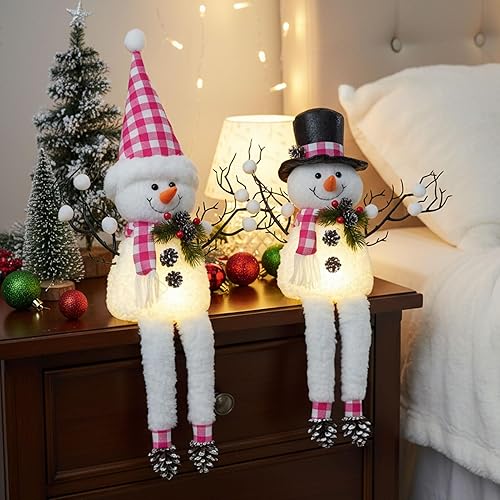 Miniatura 3 de Paquete de 2 decoraciones de mesa de Navidad, muñecos de nieve de felpa iluminados de 18 pulgadas con ramitas de cono de pino, regalo de vacaciones