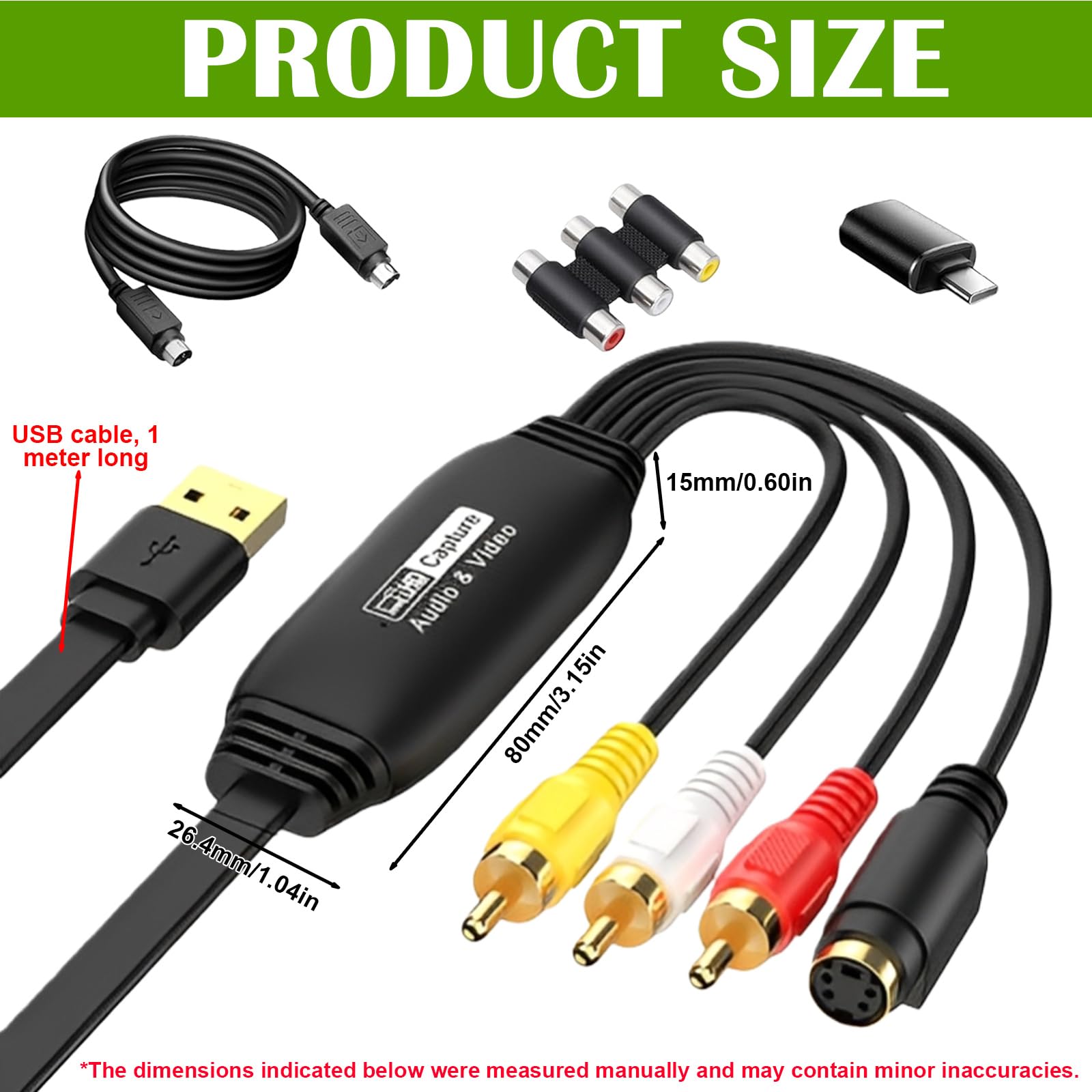 PORFOYO VHS to Digital Converter, Video Grabber USB 2.0, CVBS & S-Video a USB, 1080P HD Video Capture, adattatore AV e RCA, per Windows, Android e MacOS, VHS a Digital Converter