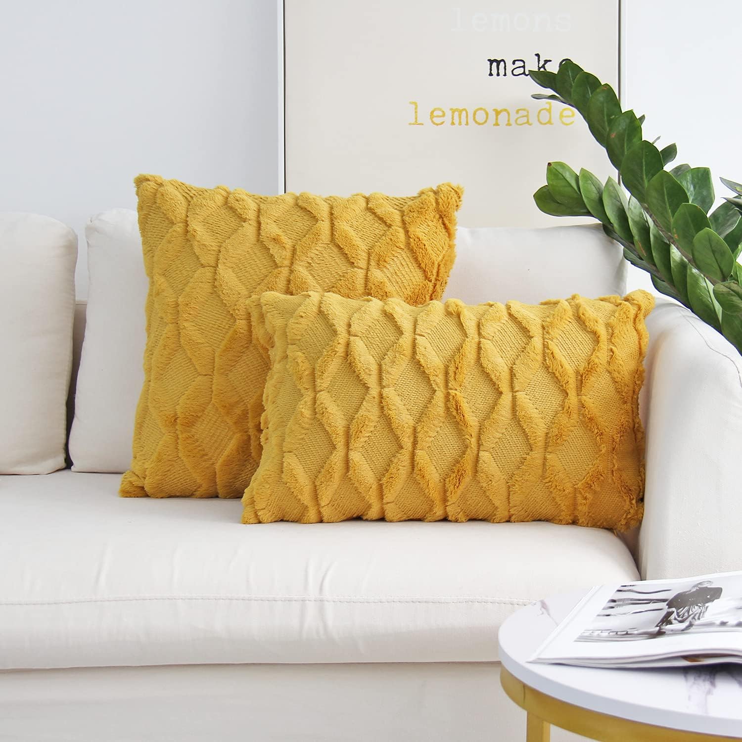 JOJUSIS Plush Short Wool Velvet Decorative Throw Pillow Covers Luxury Style Cushion Case Faux Fur Pillowcases for Sofa Bedroom Pack of 2 18 x 18 Inch Yellow: Home & Kitchen