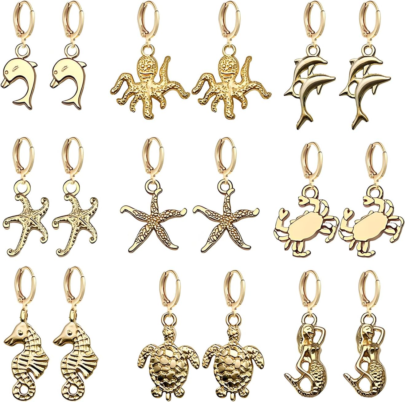 Dreuyet 9 Pairs Seashell Huggie Hoop Earrings for Women Charm 14K Gold Plated Cowrie Conch Clam Starfish Pearl Ocean Animal Earrings Bohemian Summer Beach Holiday Chic Jewelry Gifts 