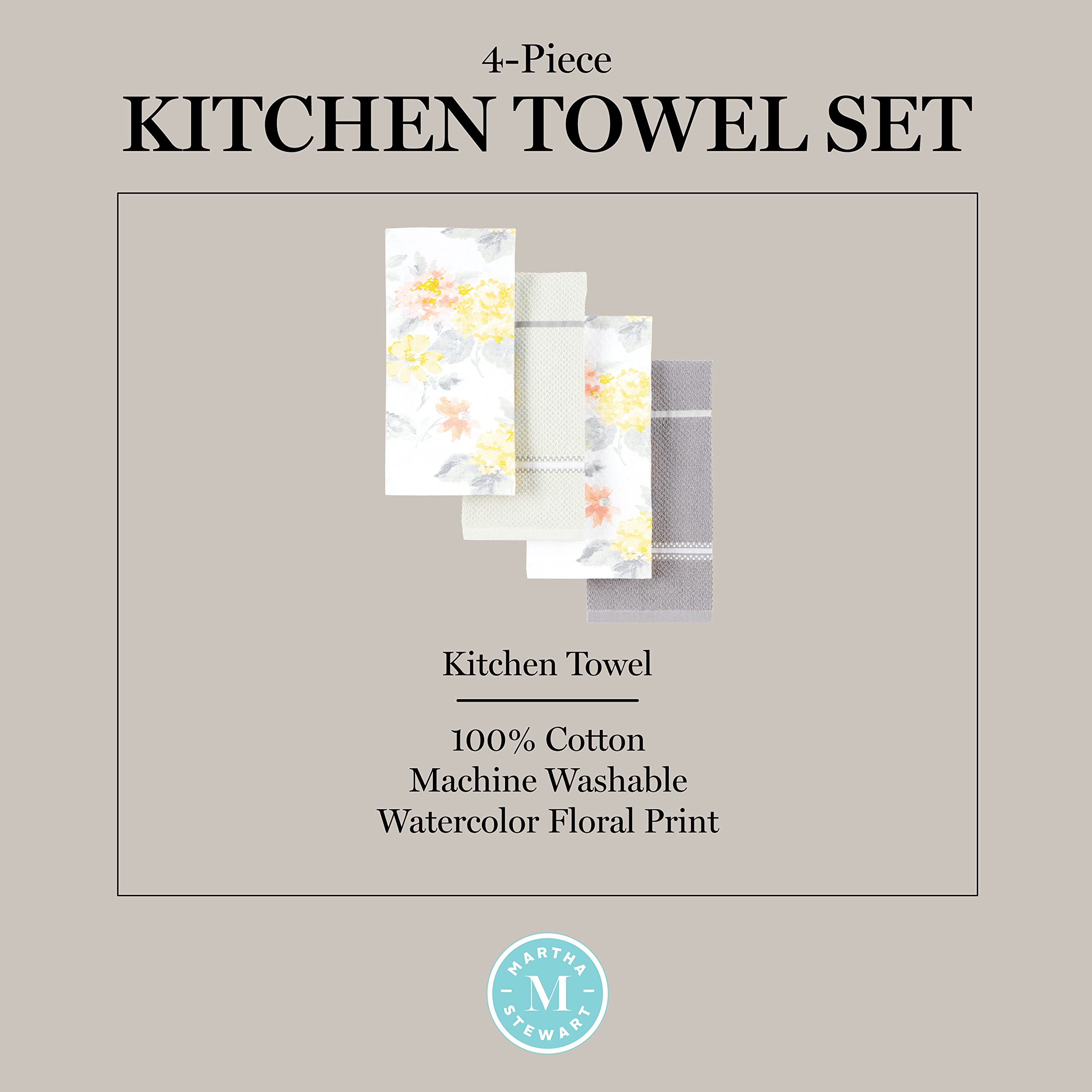 Martha Stewart Lot de 4 torchons de Cuisine à Motif Floral ambré, Jaune/Corail, 40,6 x 71,1 cm