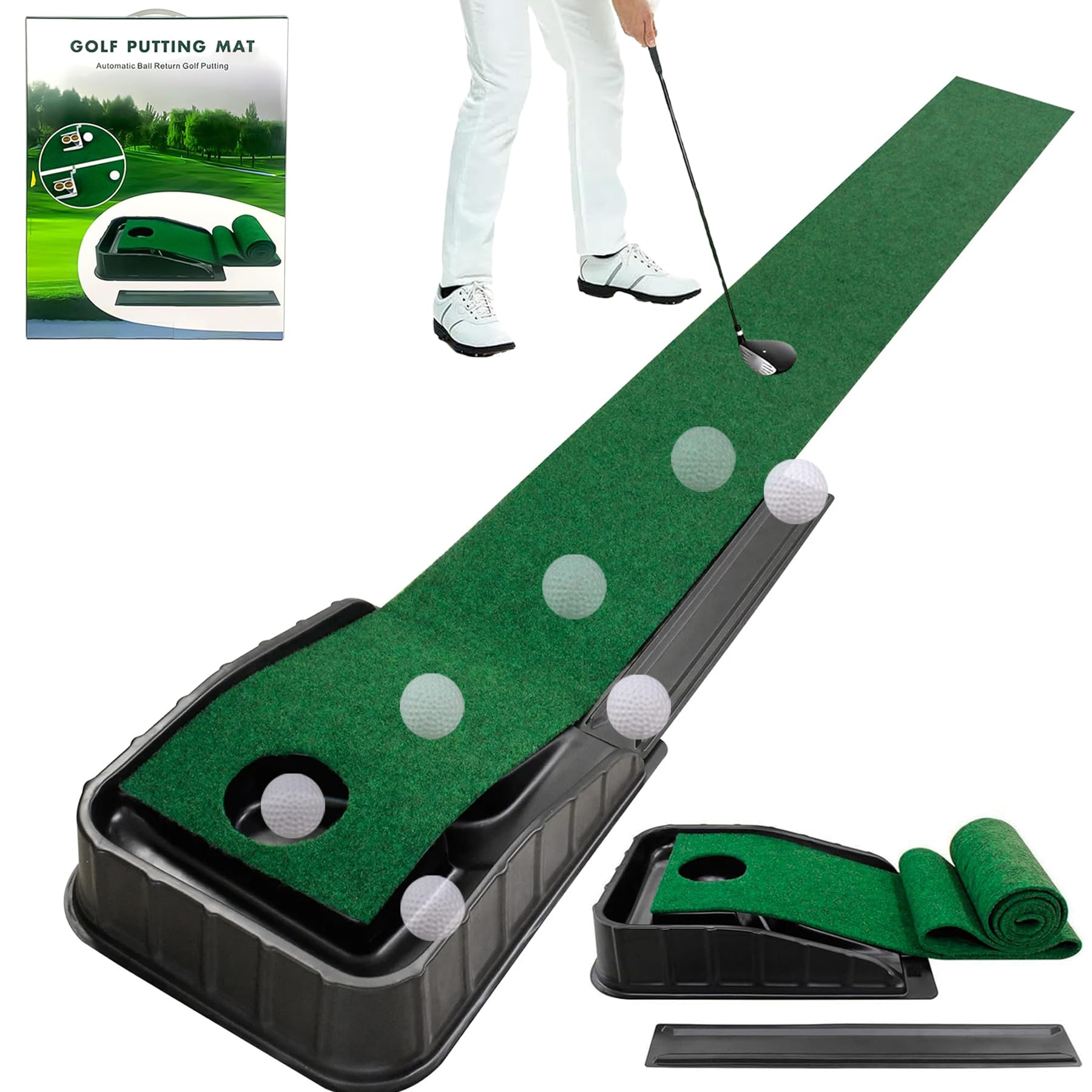 Golf Green – Tappetino portatile con ritorno automatico della palla, per interni con ritorno della palla, verde, mini golf pratica allenamento aiuto – casa, ufficio, ufficio