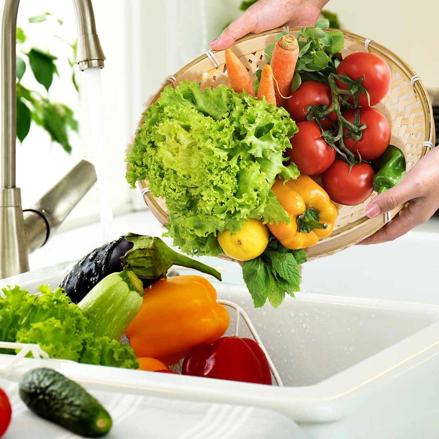 Hiceeden 3 Pack Round Bamboo Serving Trays, Decorative Wicker Basket Tray for Food, Natural Woven Shallow Tray for Fruit, Vegetables, Bread - Image 8