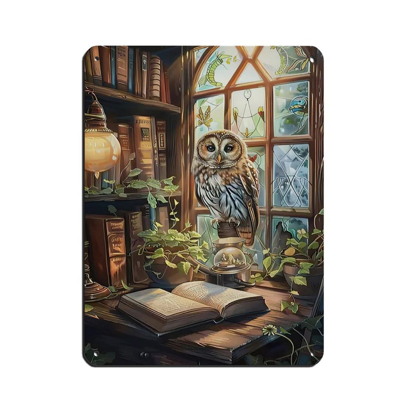 Vintage Owl And Books Painting Poster Retro Poster Metal Tin Sign Chic Art Retro Iron Painting Bar People Cave Cafe Family Garage Poster Wall Decoration 12x16inch(30x40cm)
