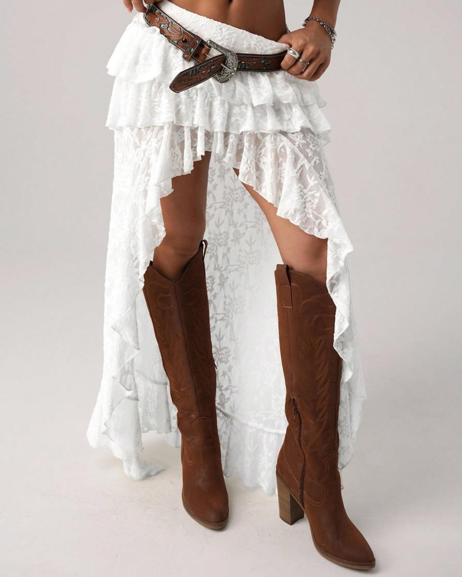 Generico Gonna Lunga Donna Y2K a Strati in Pizzo, Maxi Gonna Boho Floreale Asimmetrica con Volant, in Rete Trasparente – Stile Western Cowgirl per Vacanze