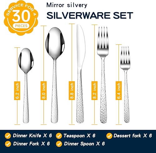 Miniatura 2 de Hammered Silverware Set, 30 Pieces Flatware Set Service for 6, Mirror Polished Cutlery Utensil Set Include Fork Knife Spoon Set Dishwasher Safe,