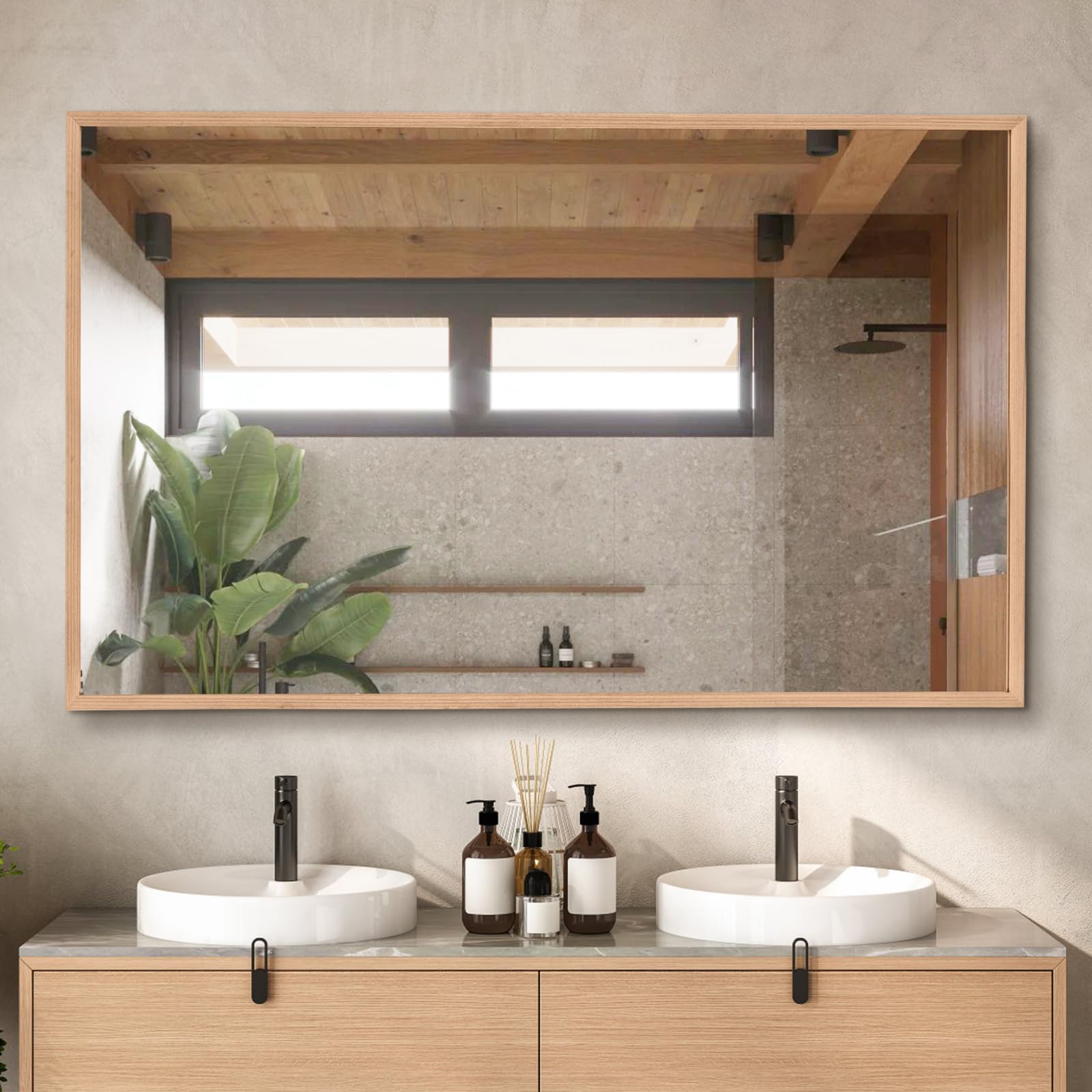 48"x30" bathroom mirror with natural wood frame for wall, large rectangle vanity mirror rustic farmhouse decor mirror, anti-rust explosion-proof, hangs horizontally or vertically, solid