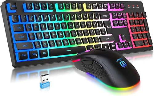 DGG Combo de teclado y mouse inalámbricos para juegos, batería recargable RGB de 3000 mAh, teclas de pudín teclado anti-fantasma + mouse inalámbrico