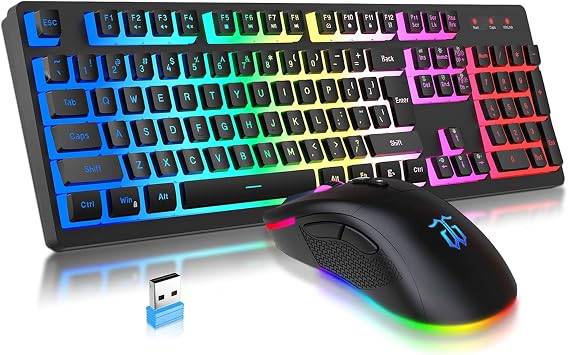 مجموعة لوحة مفاتيح وماوس لاسلكية للألعاب من DGG، بطارية RGB قابلة لإعادة الشحن بسعة 3000 مللي أمبير في الساعة، لوحة مفاتيح Pudding Keycaps مضادة للظلال + ماوس لاسلكي ذو ملمس عمودي للاعبي الكمبيوتر الشخصي باللون الأسود