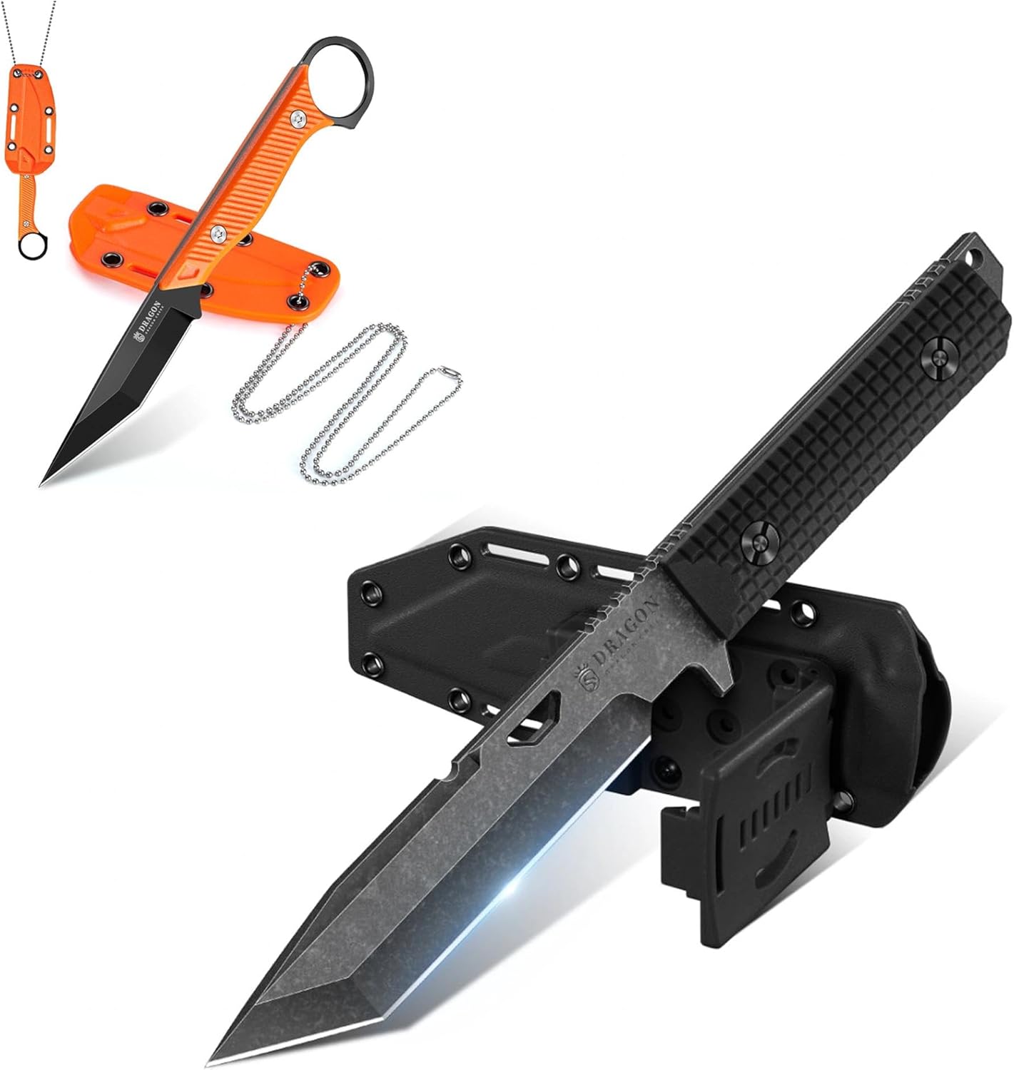 Dragon Creek Fixed Blade Knifes - Orange Fixed Blade Neck Knife with Black Outdoor Survival Knife with Sheath for Camping Hiking Gift Men